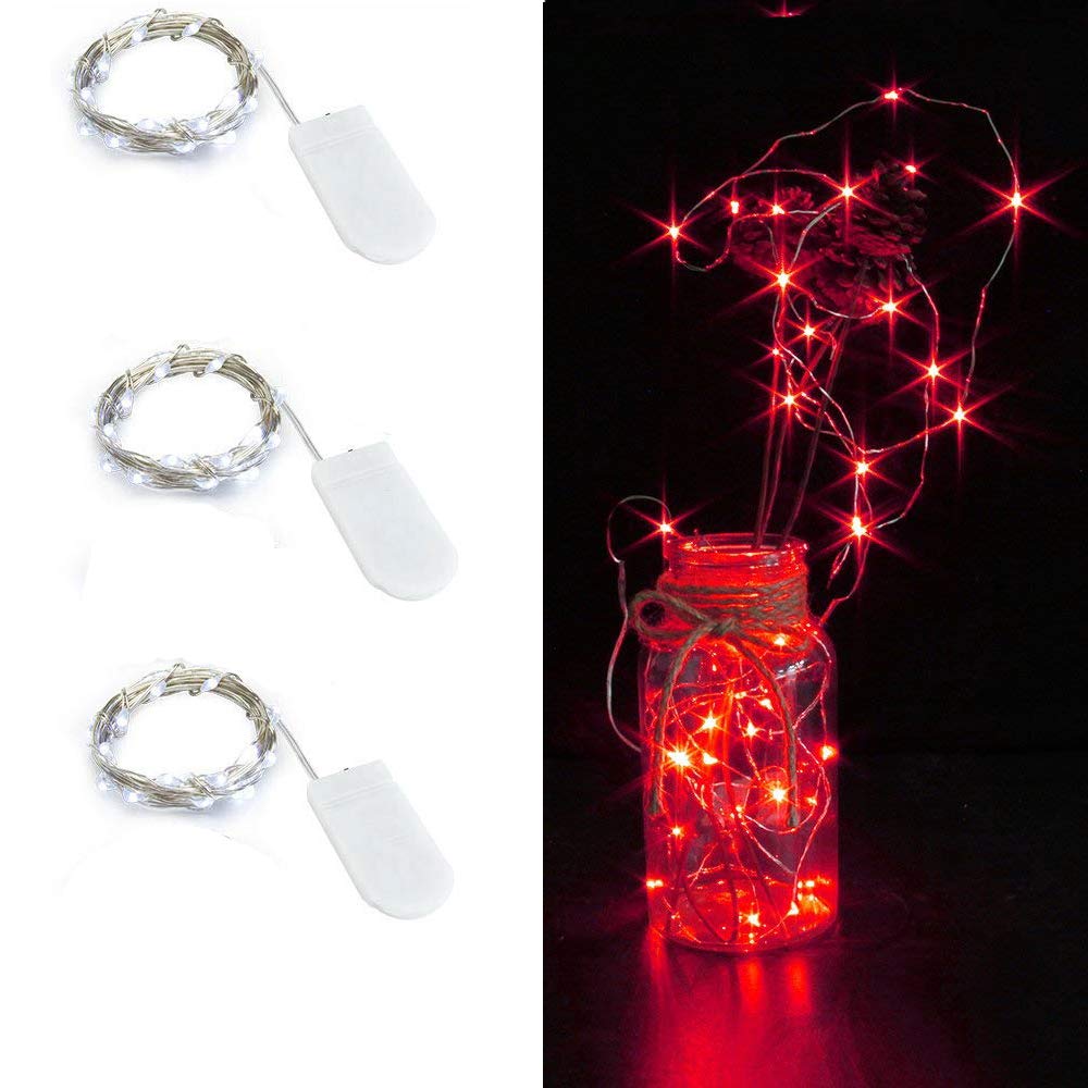 HDSHIMAO Pack of 3 Sets LED Starry String Lights with 10 Micro LEDs on 3.3ft(1m) Copper Wire, Fairy Lights Battery Powered by 2X CR2032(Incl), for Wedding or Christmas Party Table Decorations (Red)
