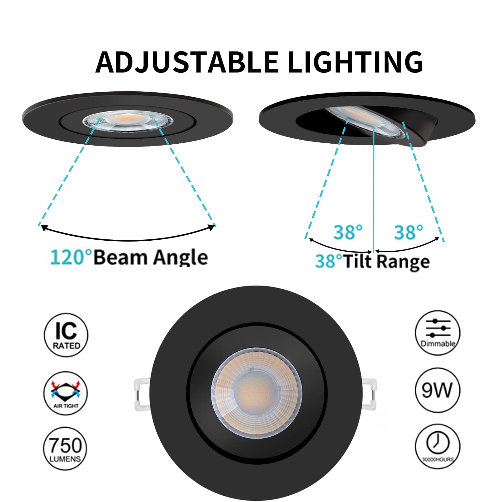 KnLnny Ware 4 Inch Black Recessed Lights, 6 Pack, Dimmable, 9W 750LM, Gimbal with Night Light, Aluminum, Model Light2025001