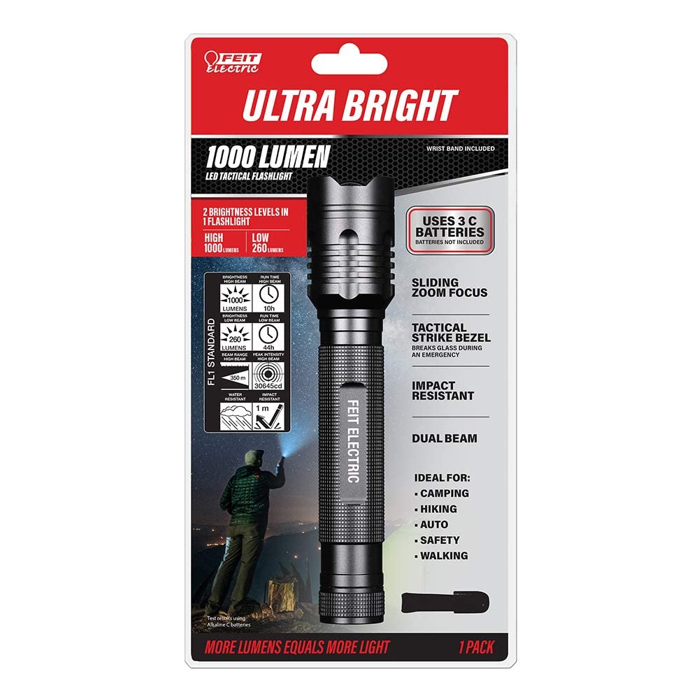 Feit Electric LED Tactical Flashlight - 1000 Lumens, Aluminum Alloy, Zoomable, 8.1 inches, Model FL1000