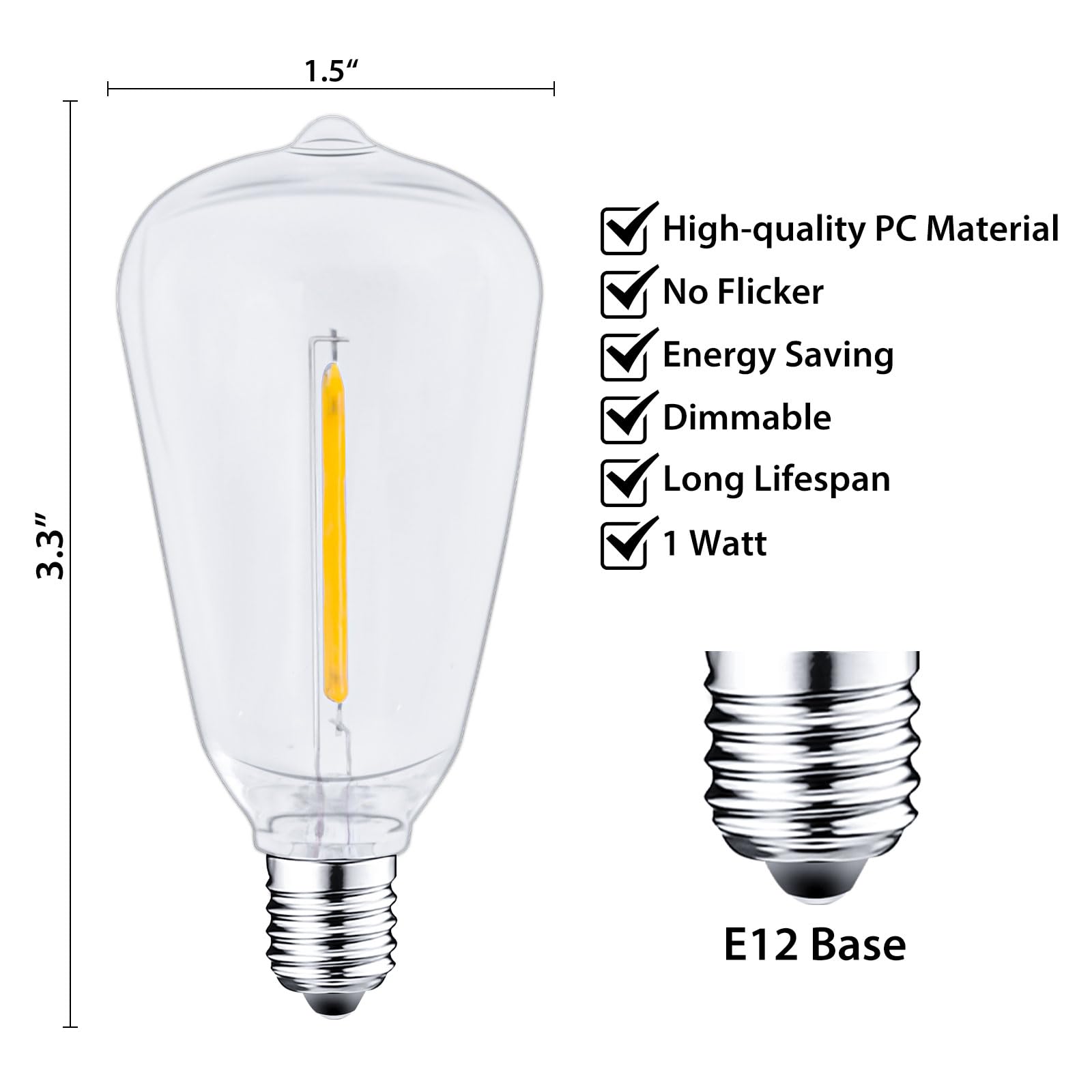 Filltown ST38 LED Edison Bulbs - 50 Pack, 0.6W E12 Base, 2700K Warm White, Dimmable, Shatterproof, Waterproof, Clear