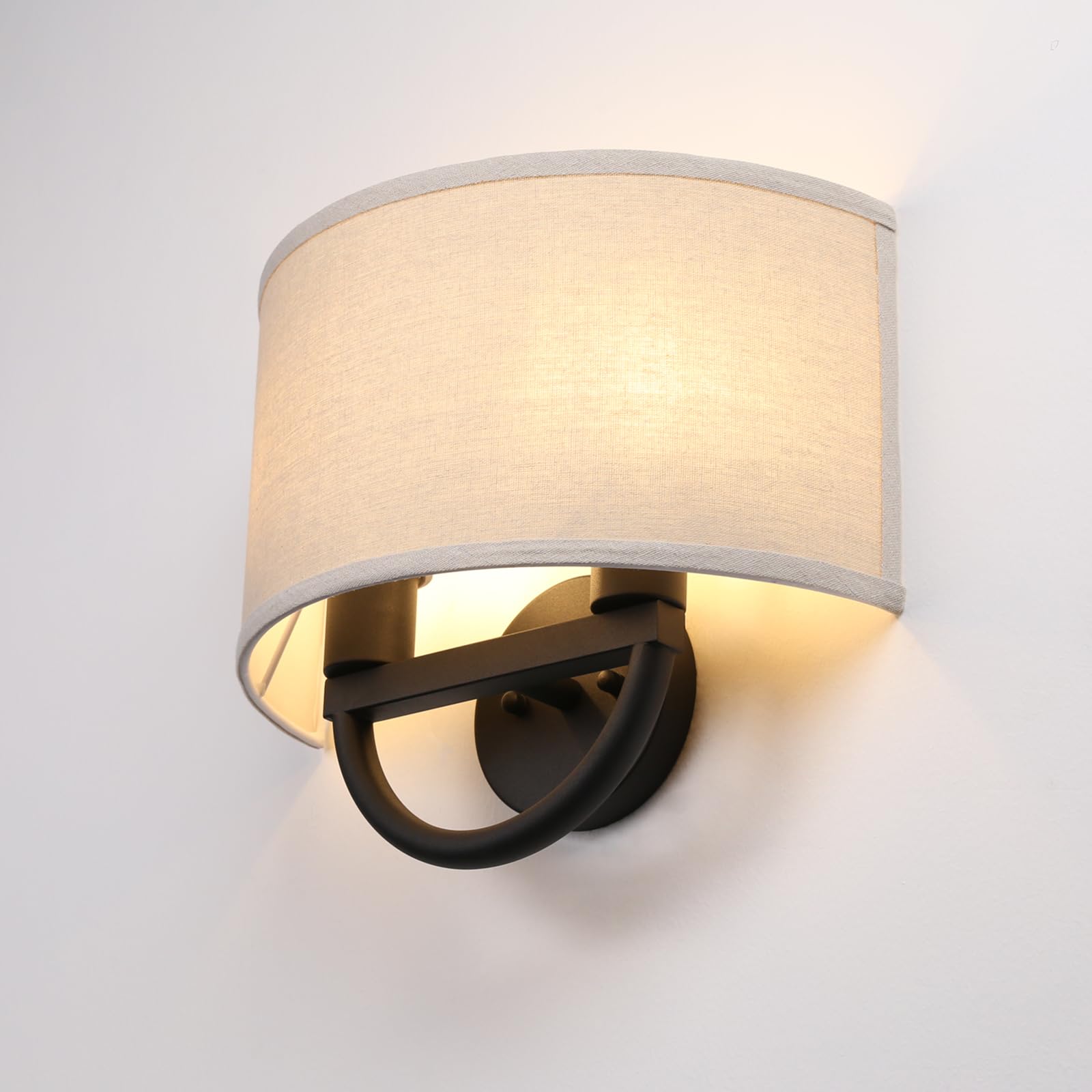 JIMUBEAM Industrial Wall Sconce, 2-Lights, Linen Fabric Shade, Black, Model JMUS829HM2