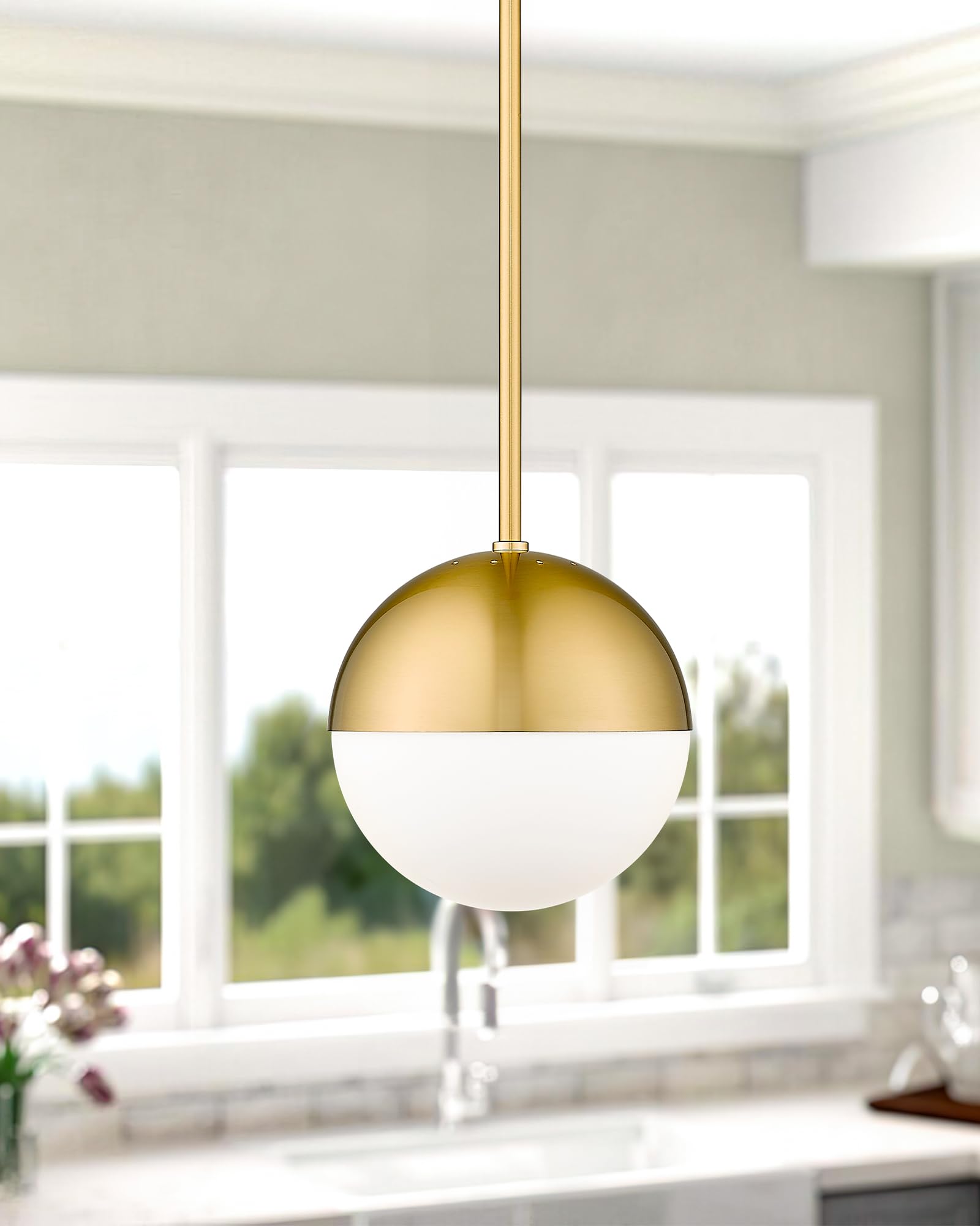 LMS Modern Gold Globe Pendant Light Fixture, 8" Glass Chandelier, Adjustable Indoor Lighting for Kitchen Island, Model LMS-187