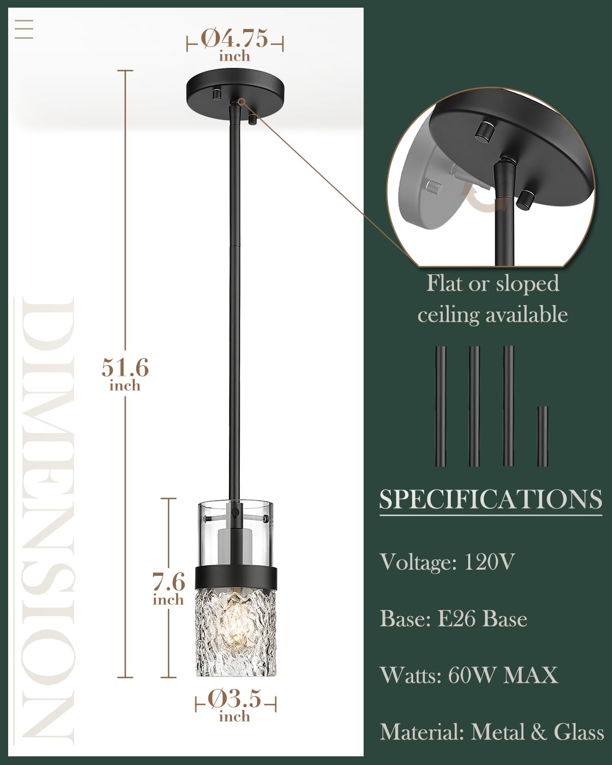 LMS Black Pendant Light - Modern Industrial Design, Hammered Glass, 1-Light for Kitchen Island, LMS-172