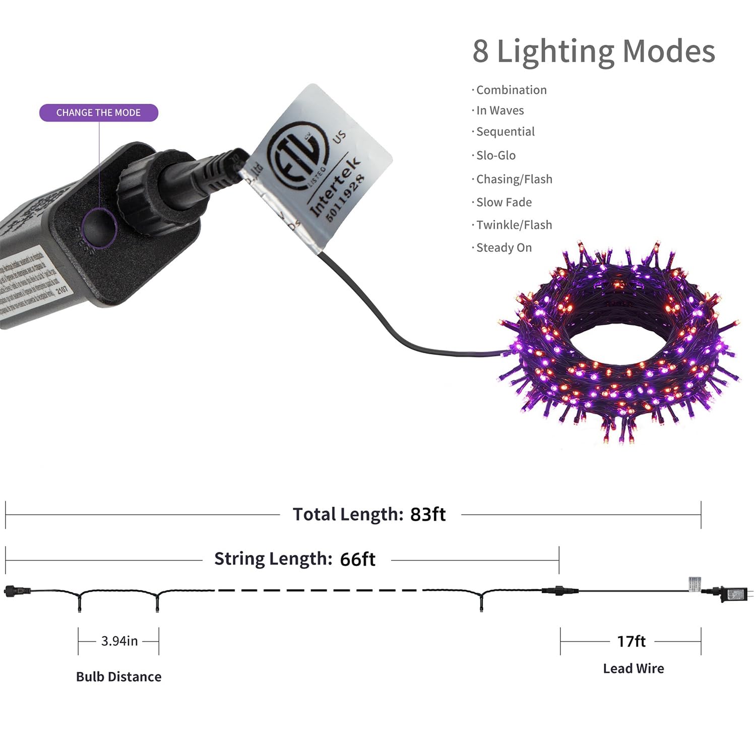 HOME LIGHTING Halloween String Lights, 66FT 200 LED, Waterproof, 8 Lighting Modes, Orange & Purple, Model HB-200COI