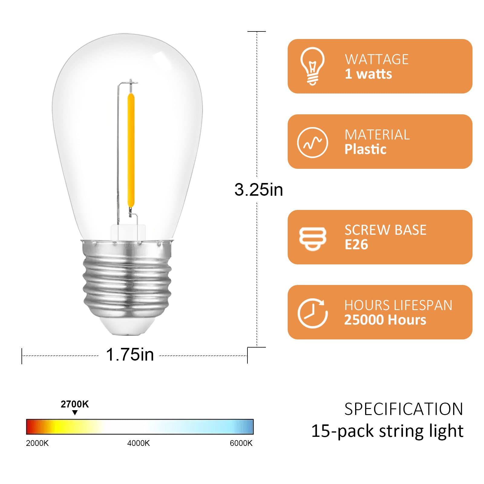 Visther 15-Pack String Light Bulbs, S14 Led Outdoor Waterproof Replacement Bulb, E26 Base Bulbs, 1W 120V, 2700K Warm White