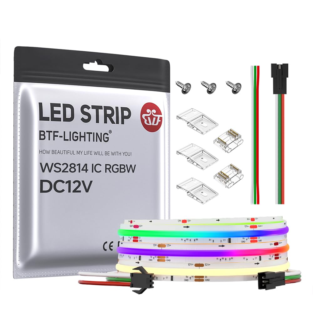 BTF-LIGHTING FCOB COB LED Strip WS2814 IC RGBW 3000K Flexible High Density Color Chasing Uniform Light 9.8FT DC12V 16IC/m 10mm W