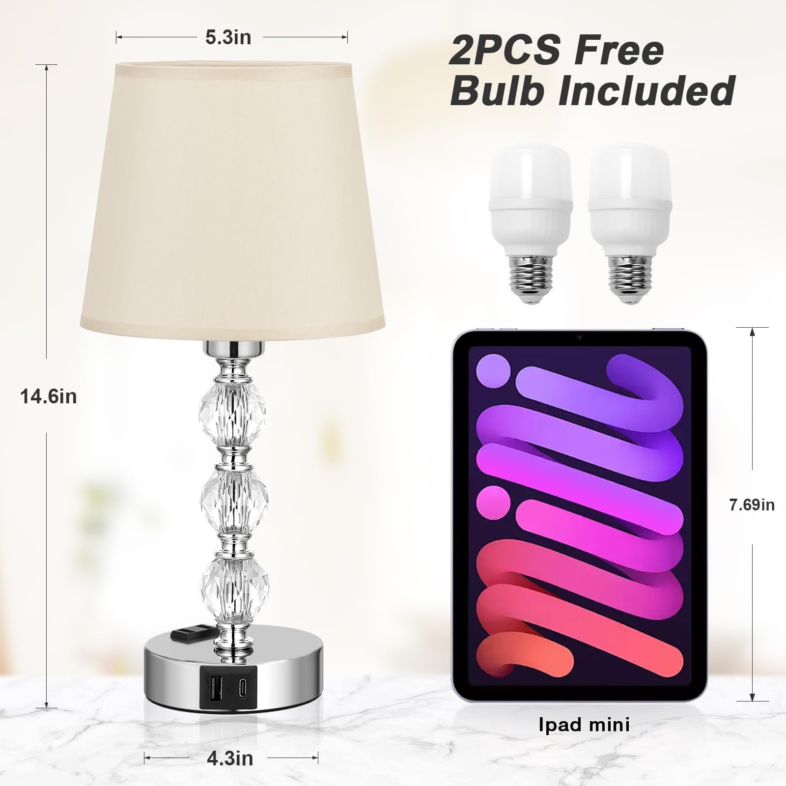 Acaxin Crystal Bedside Lamps Set of 2 with USB Ports & AC Outlet, 14.6in Beige, Touch Dimmable, Model Acaxin-crystal
