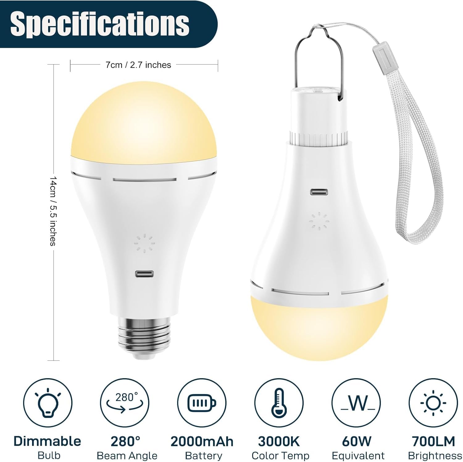 Brightown Rechargeable LED Light Bulb, 700LM, 6000K, 2 Pack, Pure White, with Remote & Timer, Battery Emergency Light for Home & Camping