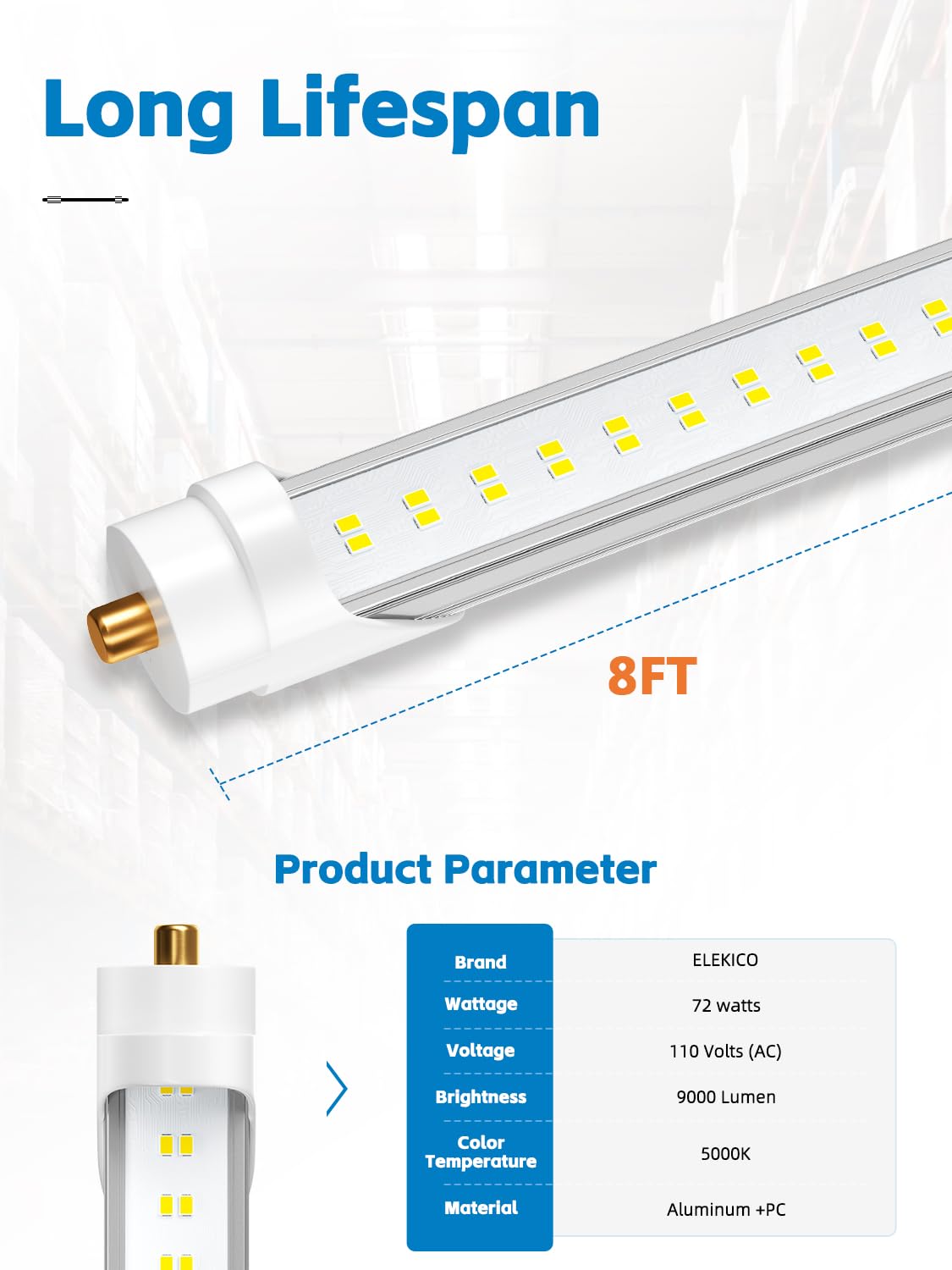 ELEKICO 8FT LED Bulbs, 72W 9000lm, T8/T10/T12 Clear Cover, Pack of 6