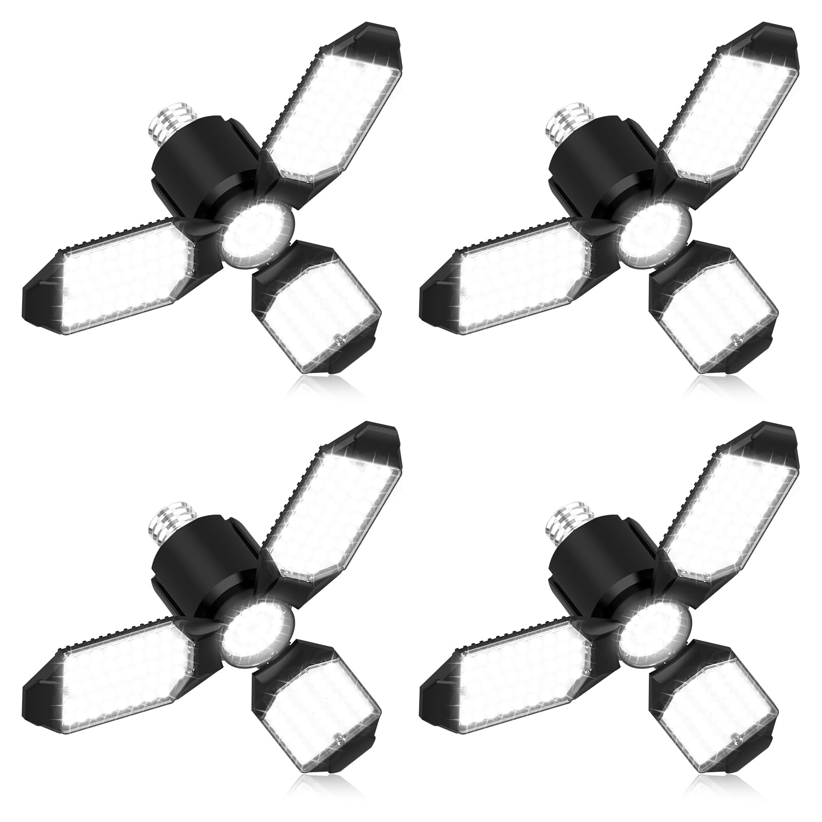 toberich LED Garage Light Bulbs 4 Pack  8000LM Shop Lights with 3+1 Deformable Panels  6500K Screw in Ceiling Lights for Garage  Workshop  Workbench  Basement