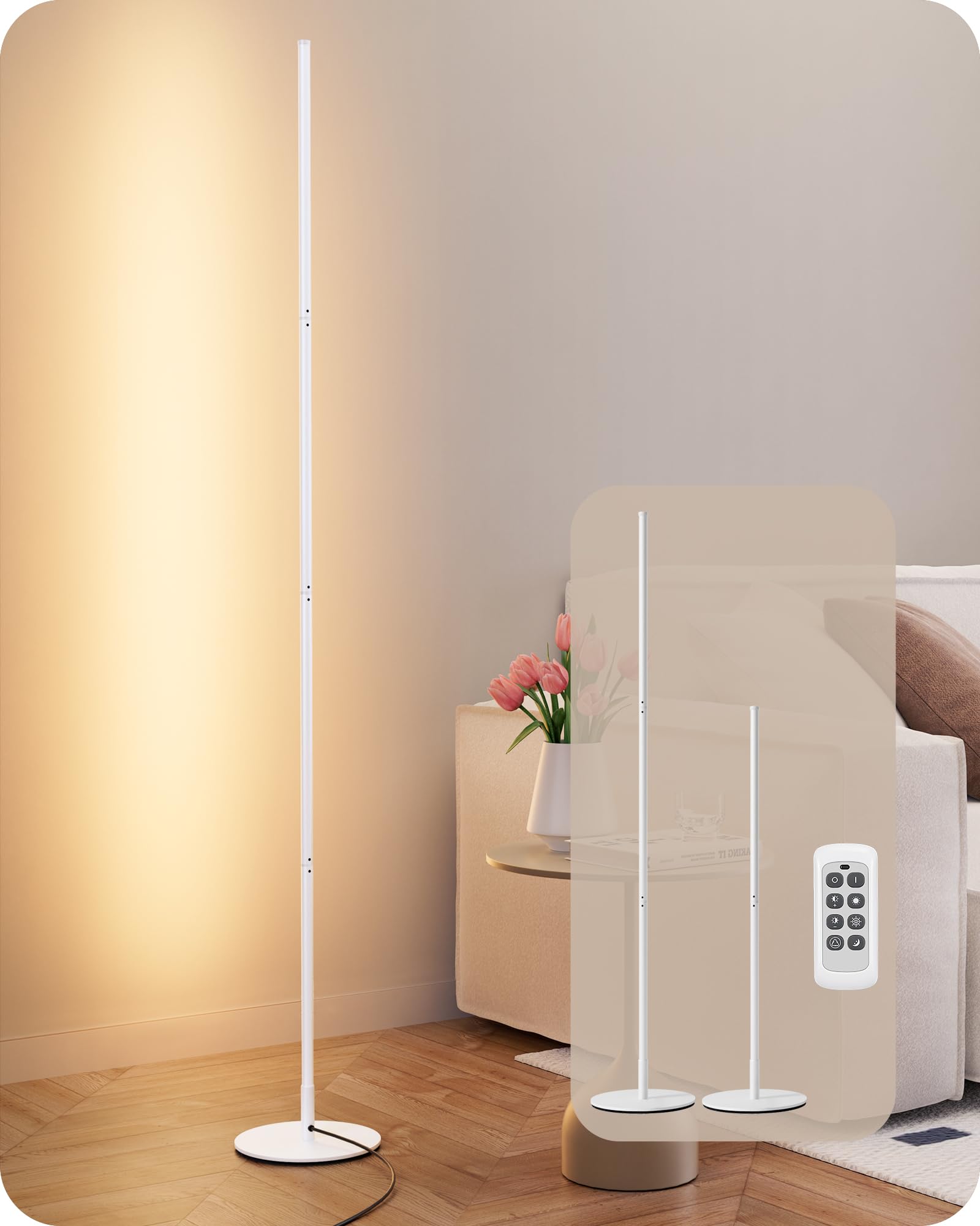 EDISHINE Corner LED Floor Lamp, Dimmable, 3 Color Temperatures, 57.5in, White, Aluminum