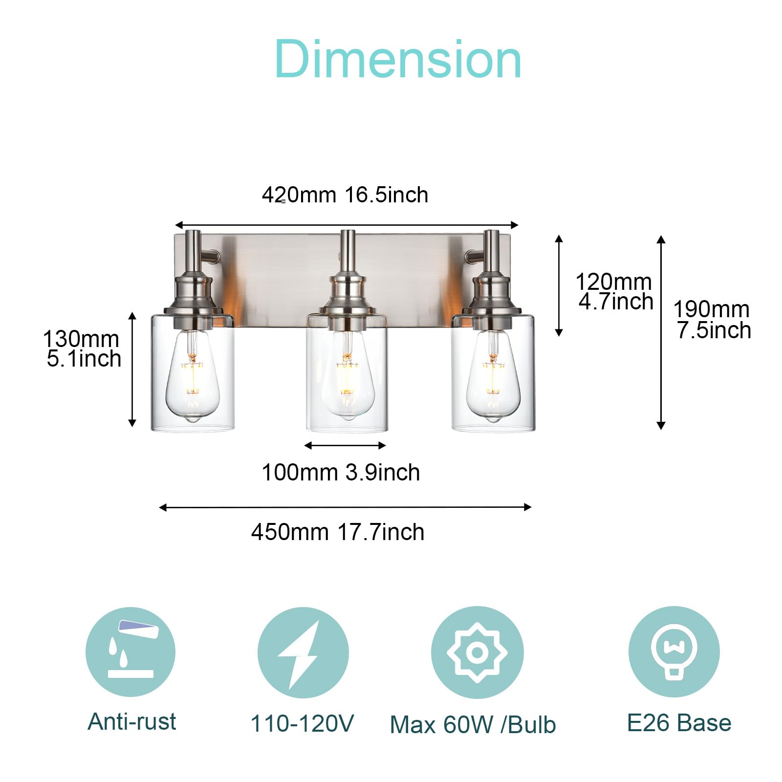 Wanluce 3 Light Bathroom Vanity Light Brushed Nickel Bathroom Lighting Fixtures Over Mirror, Modern Bathroom Light With Clear Gl