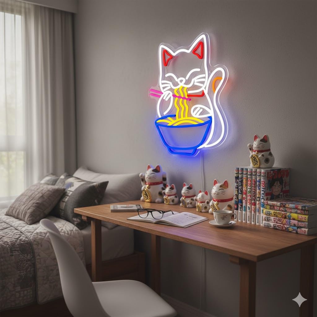 Fortune Cat Ramen Neon Sign  Dimmable Japanese Lucky Cat Noodle Led Neon Sign For Wall Decor  Usb Powered For Restaurant Bar Party Bedroom Birthday Gifts(15.7 * 12.7In)