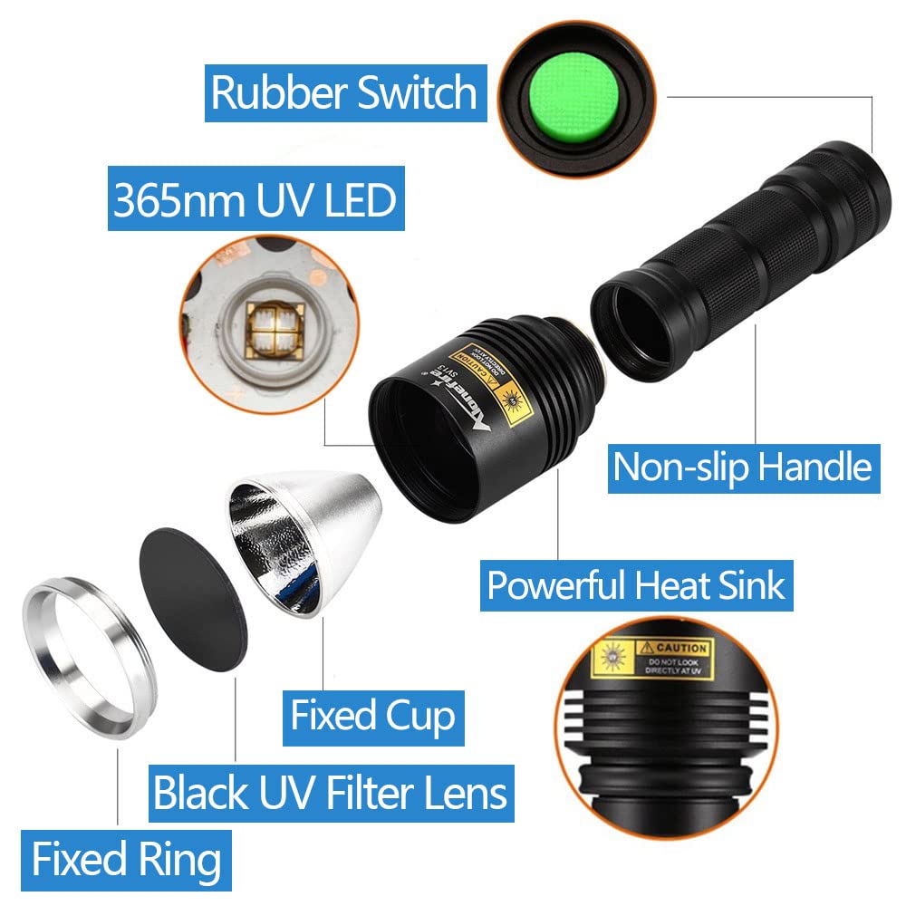 ALONEFIRE SV13 15W UV Flashlight Rechargeable Black Light for Pet Urine, Bed Bug, Scorpion Detection, Includes Glasses, Battery, Charger