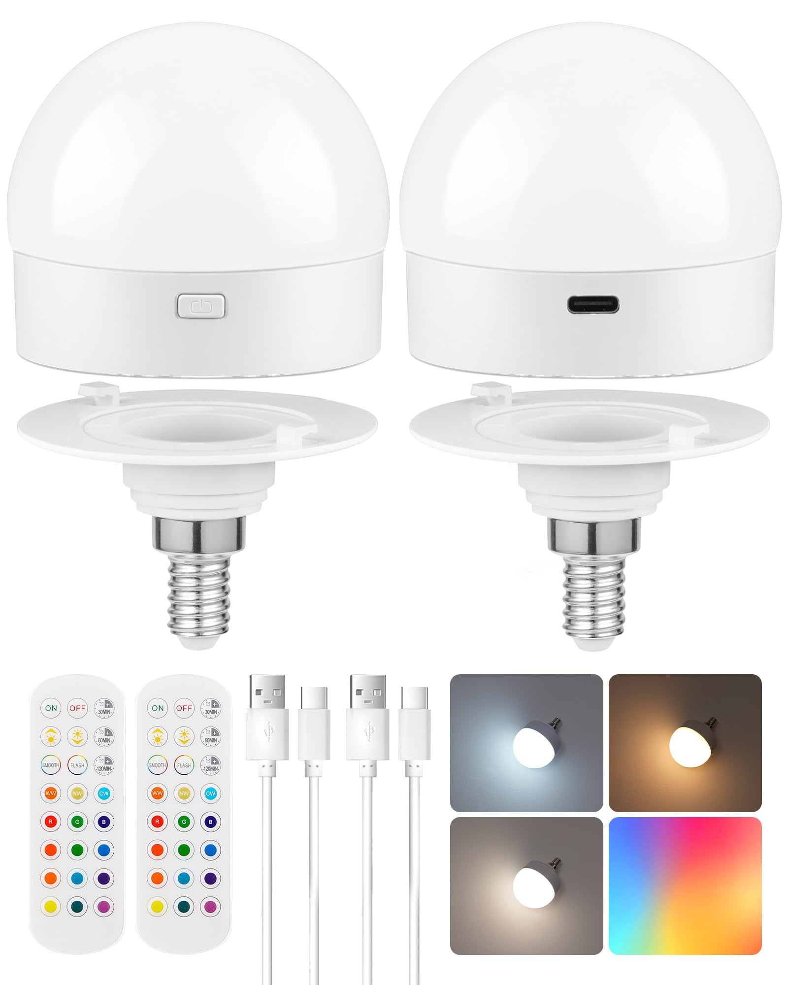 GOEBLESON Rechargeable Light Bulbs, E12-2Pack, 15 Colors, Dimmable RGB LED, Model R08YBP205, Battery Operated with Remote Control