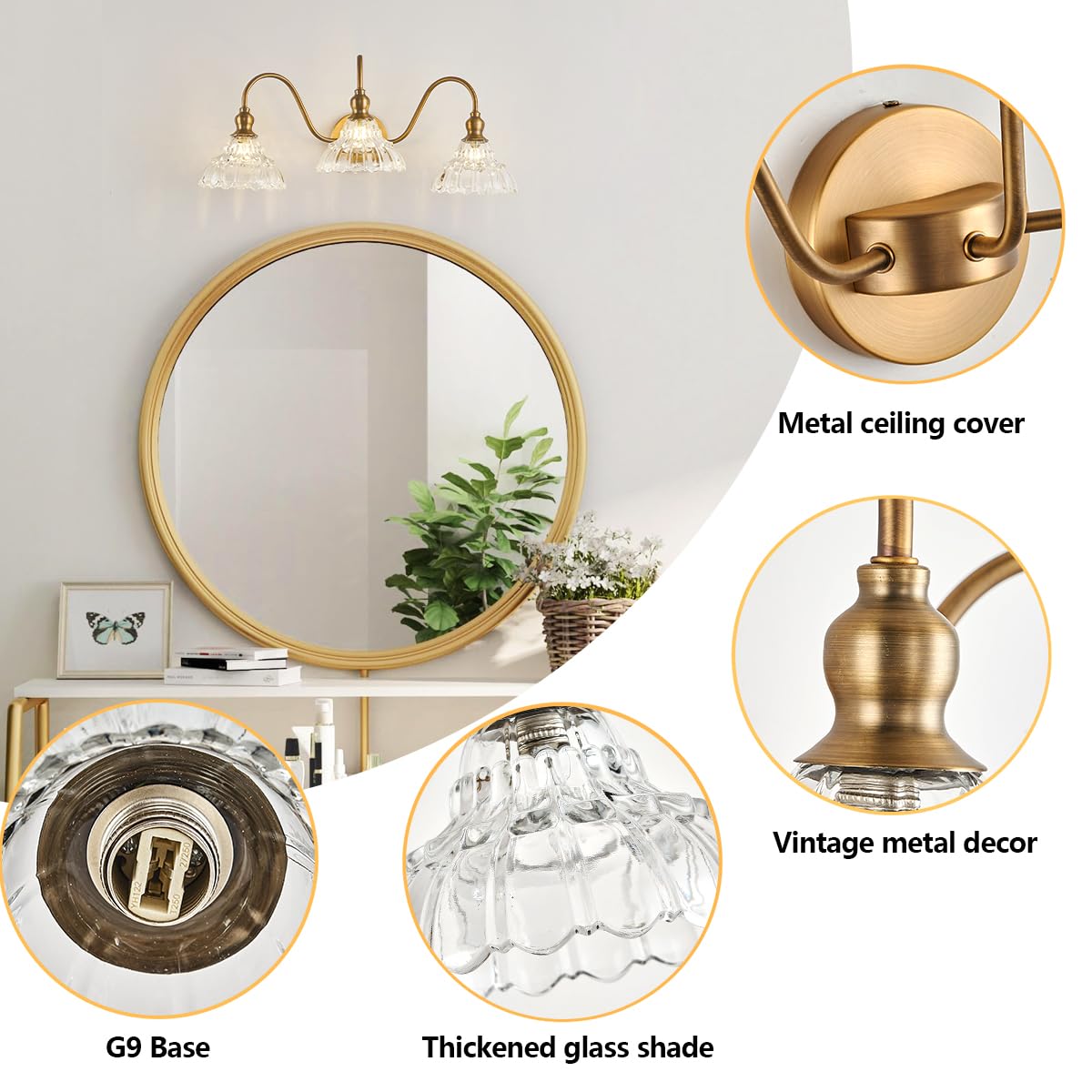 TLOLGT Vintage 3-Light Brass Wall Sconce - Retro Glass Bathroom Vanity Light Fixture, Model XZ-W111-3