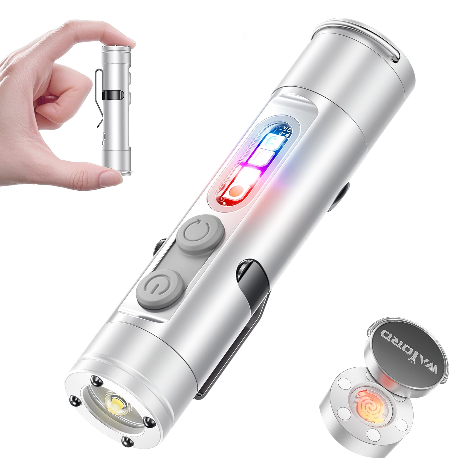 WAIORD Taclite Mini - Ultimate Everyday Micro Tool K2 Mini Flashlight with COB Light  6-in-1 Rechargeable Magnetic Keychain Torch with Window Breaker & Electric Lighter - EDC Survival Tool (Silver)
