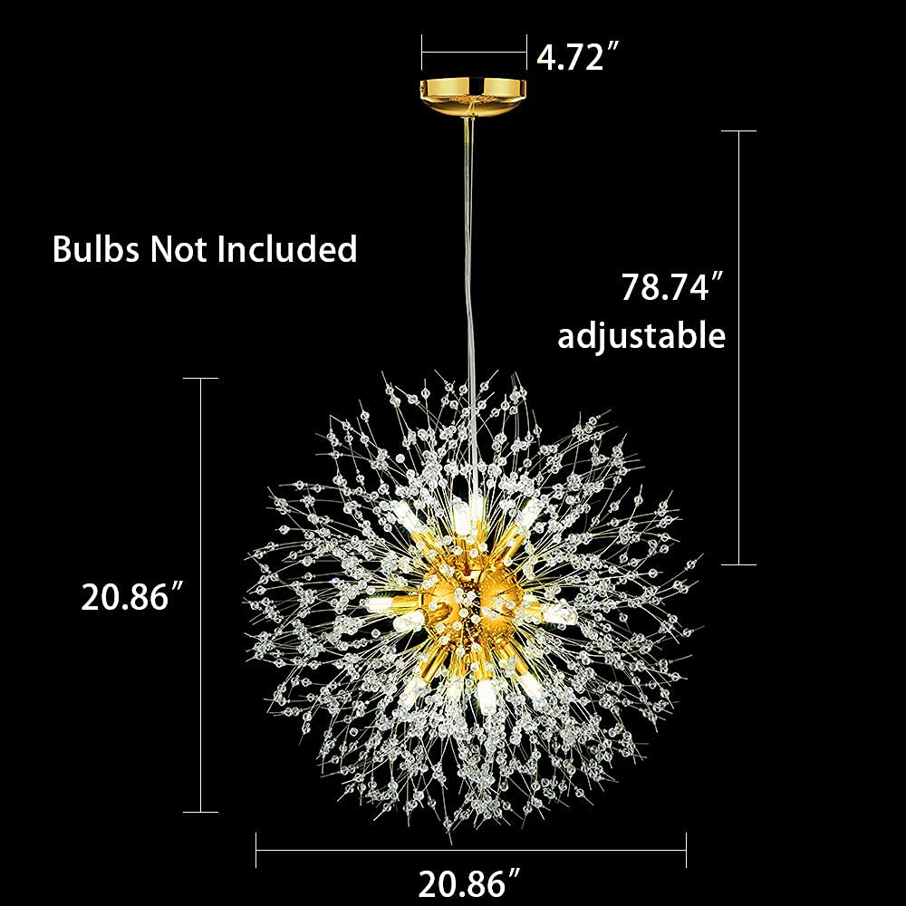 Yiisem Gold Crystal Chandeliers, 12-Light Modern Firework Pendant Lighting, G9 Dandelion Chandelier Light Fixtures For Dining Room Bedroom Living Room Restaurant Kitchen Aisle Hallway