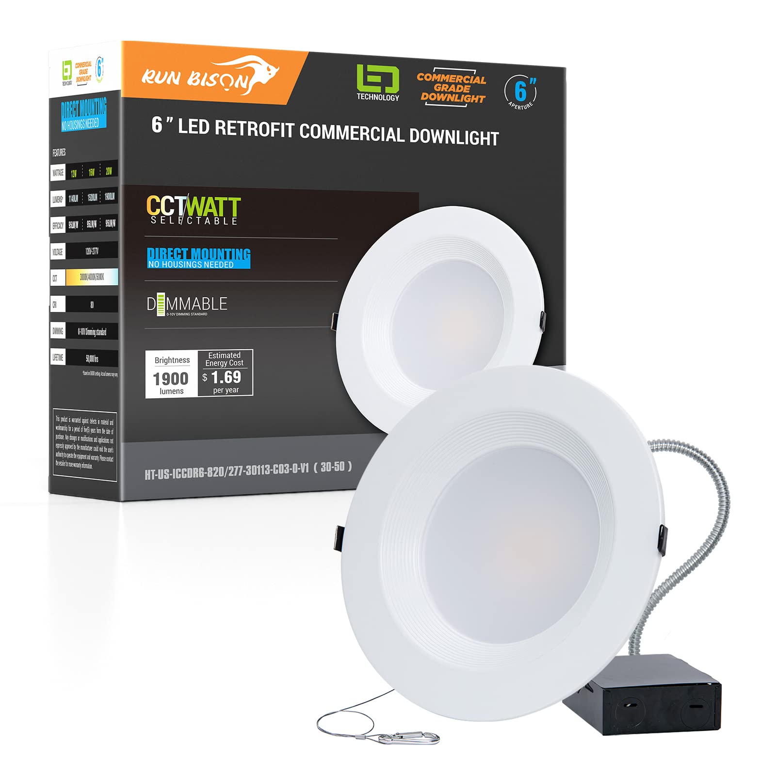 6 Inch Recessed Led Commercial Downlight With J-Box, Wattage Adjustable 12/16/20W,3 Color Selectable 3000K-5000K, 120-277V,0-10V Dimmable, Ic Rated,Canless Led Downlight,Ul Listed