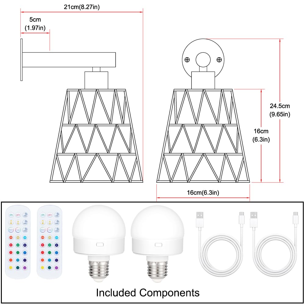 OIYIO Battery Operated Wall Sconce Set of 2, USB Rechargeable Rattan Lighting, White, 6.3in, Remote Control, RGB Color Modes