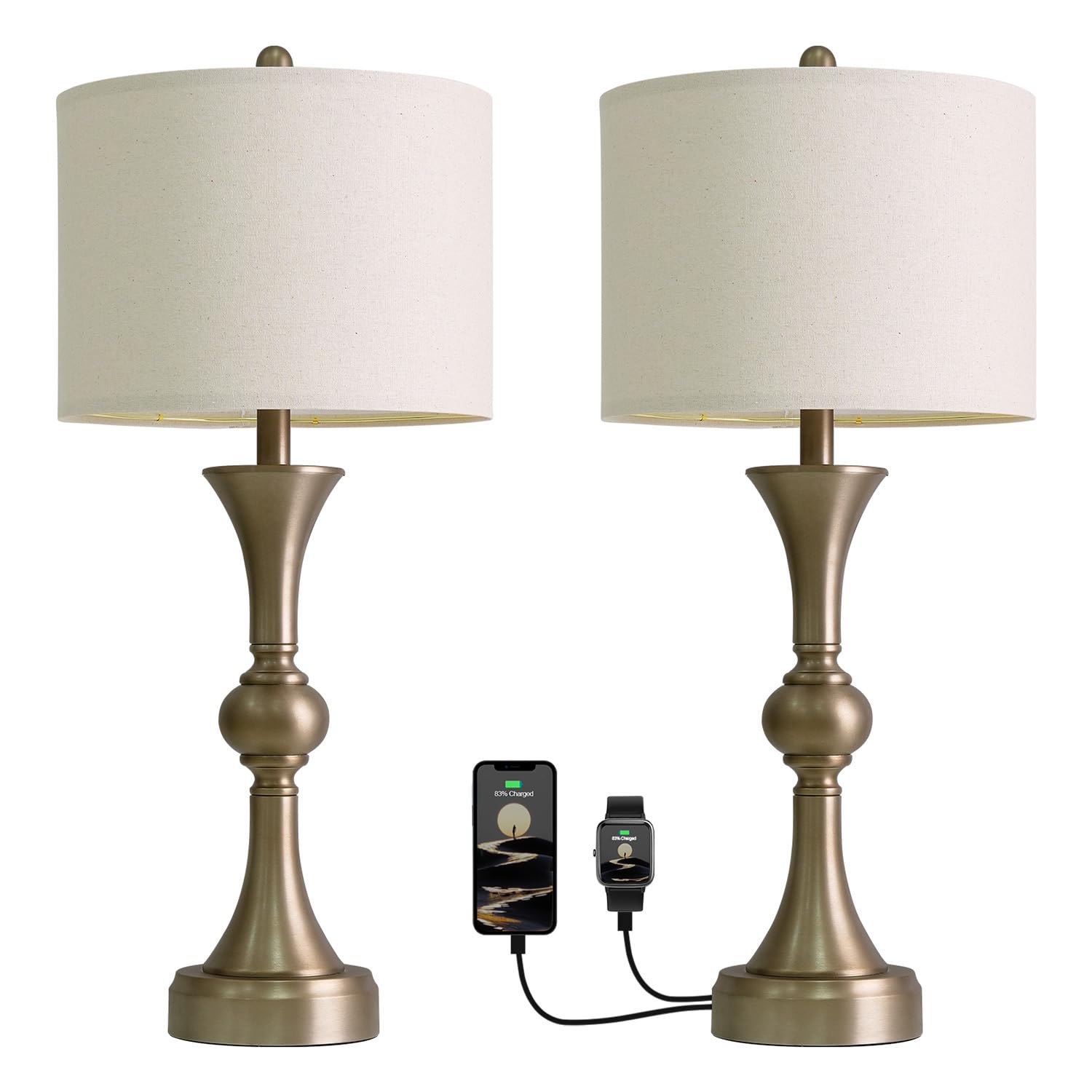 Oneach 28 Modern Table Lamps Set of 2 for Living Room  Warm Gold Bedside Lamps with USB Ports  Nightstand Lamps Set for Bedroom Farmhouse Lamp End Table Lamps (Bulbs not Included)