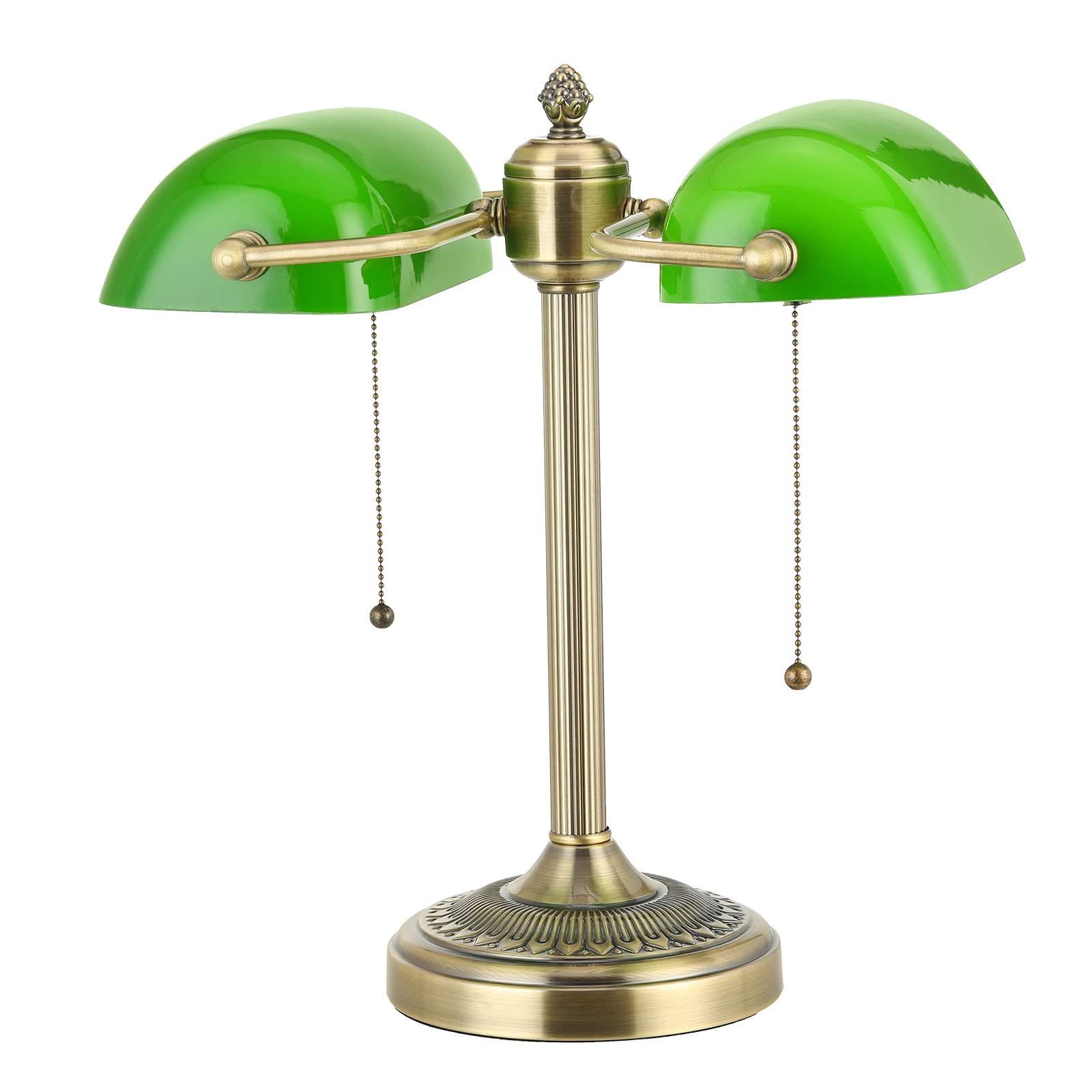 Newrays Green Double Head Glass Bankers Desk Lamp with Pull Chain Switch Plug in Fixture for Library, Office, Cafe