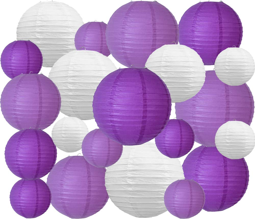 BEISHIDA 21 Pcs Lavender Purple White Round Paper Lanterns Decorative Hanging Asia Chinese Japanese Paper Lanterns Lamp for Hall