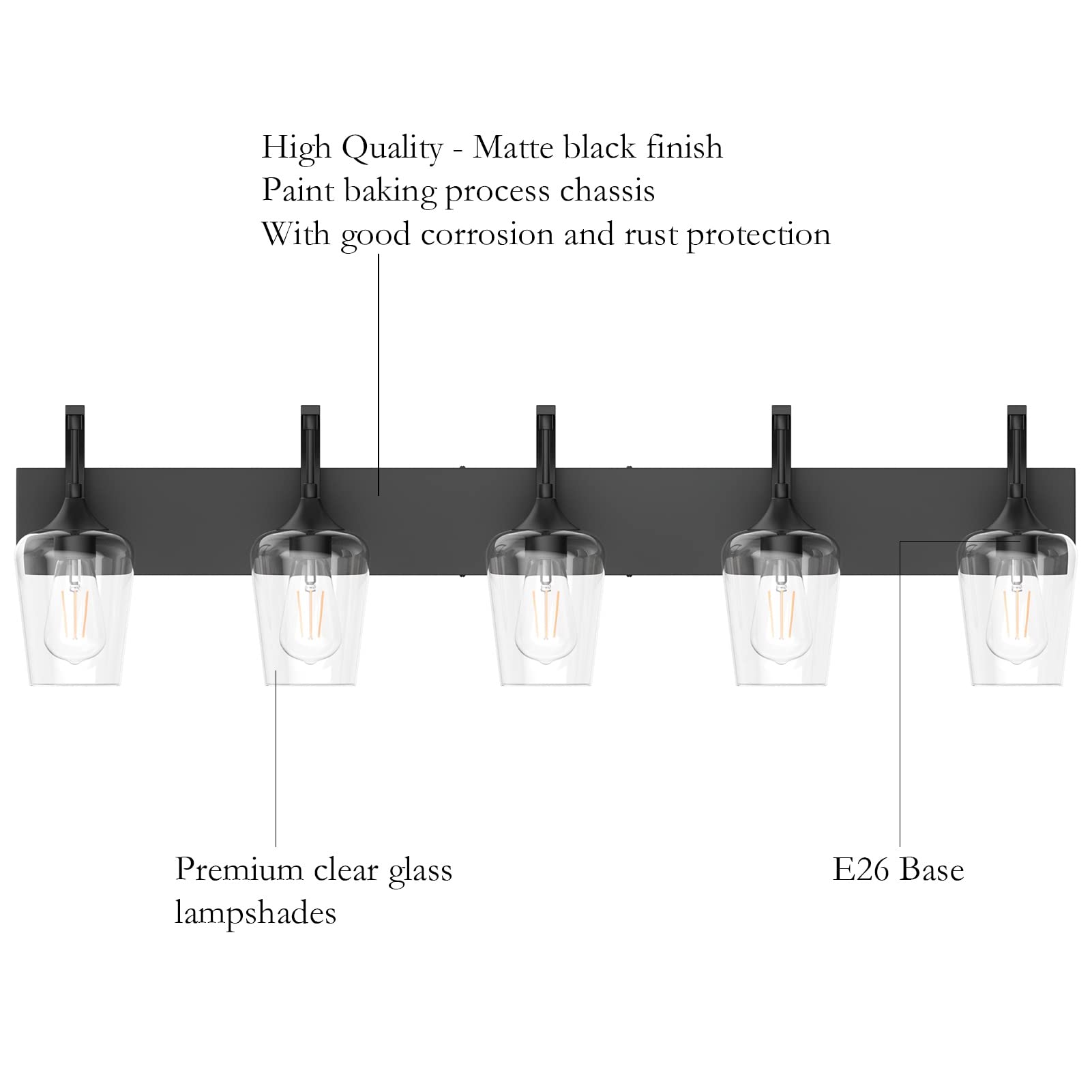 Ralbay 5-Light Matte Black Bathroom Vanity Light Fixture, Clear Glass, 42.5 inch, Industrial Style, Model 1131rablay
