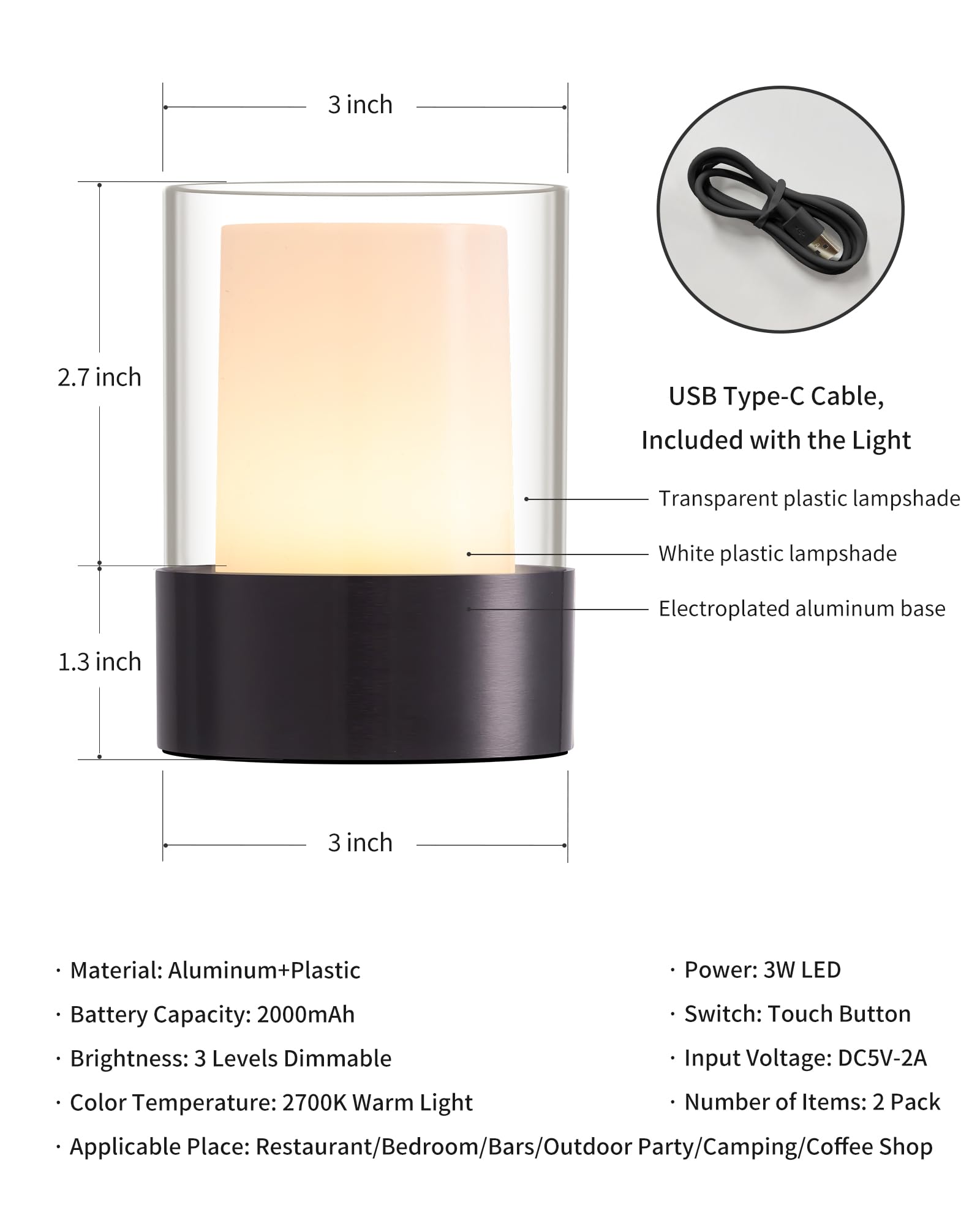 NEWSEE LED 4 Mini Cordless Table Lamp 2 Pack, Outdoor Waterproof Lamp, Rechargeable Battery Operated Lamp, Portable Touch Night
