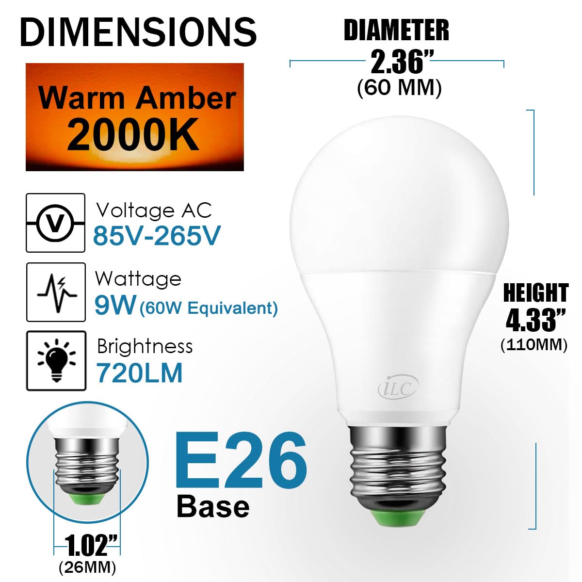 HEKEE Dusk to Dawn A19 Light Bulbs, 8W 720 Lumens, Amber Glow, E26 Base, 4 Pack