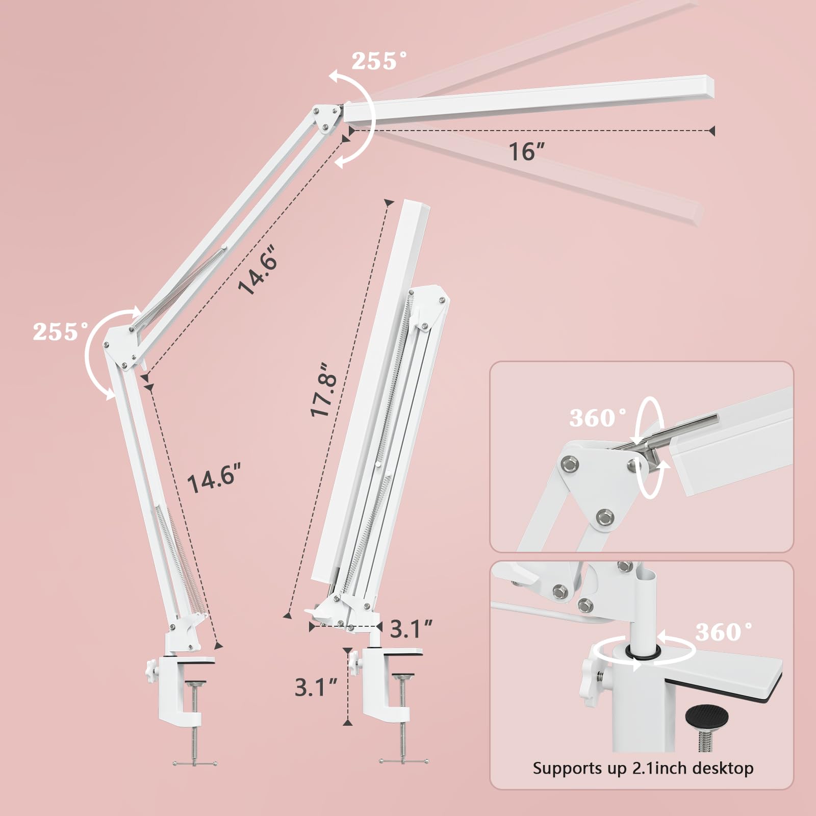 BZBRLZ LED Desk Lamp - Metal Swing Arm, Dimmable, 3 Color Modes, 10 Brightness Levels, White, Model QR-04