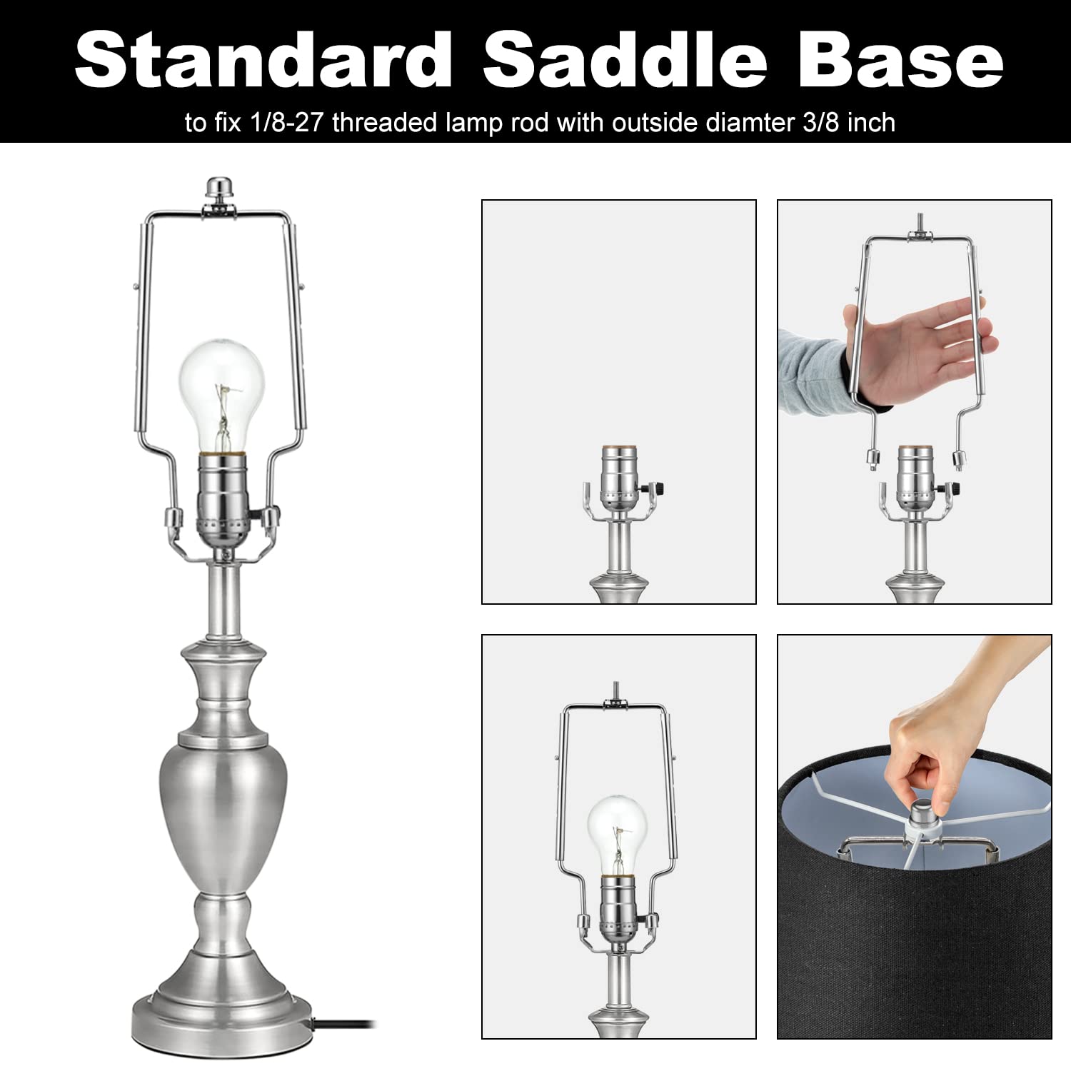 Lamp Harp Kit, 7 8 9 10 Inch Adjustable Lamp Shade Holder, Hardware Parts Included Harp Frame And Finials, Standard Saddle, E14