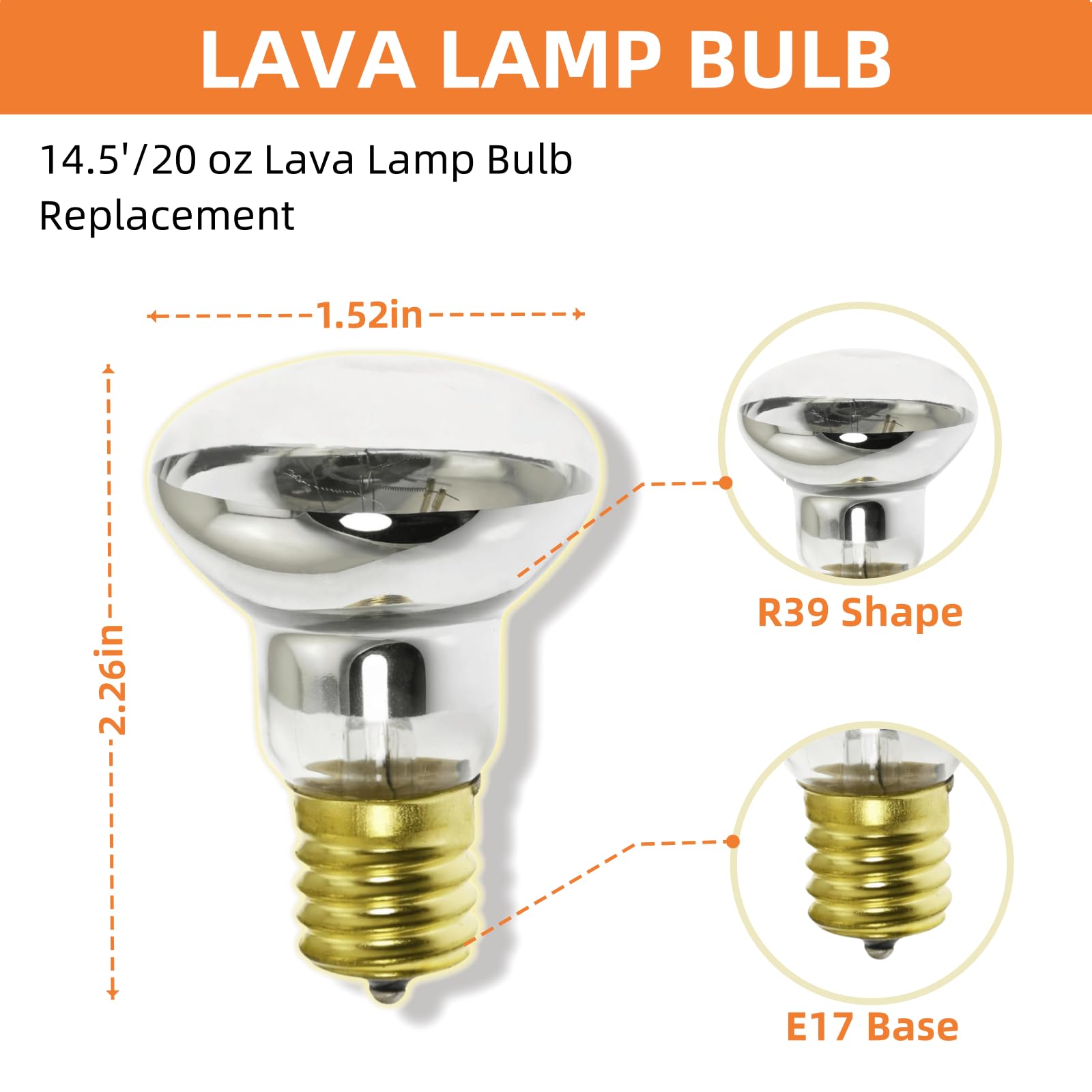 Kanlpeia 2 Pack R39 E17 25W Lava Lamp Bulbs - Silver Reflector Replacement for Bedroom & Office, 120V Lighting Solution