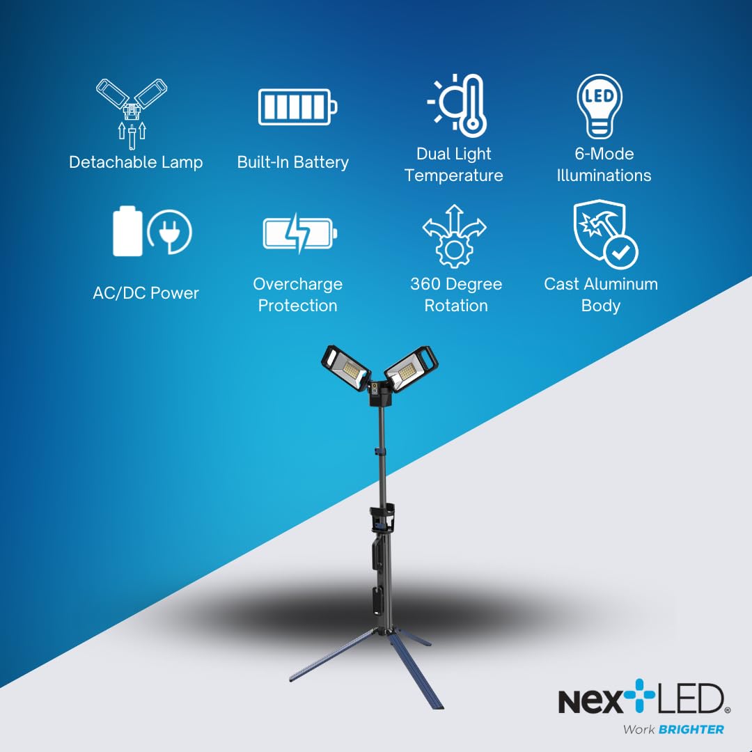 Nextled Nt-6926 Heavy Duty Battery Powered Shop Light, Portable Light Tower, Battery & Charger Included, Detachable Magnetic Lamp, 4000/6500K, 6 Modes, 5000 Lumen Portable Led Work Light With Stand