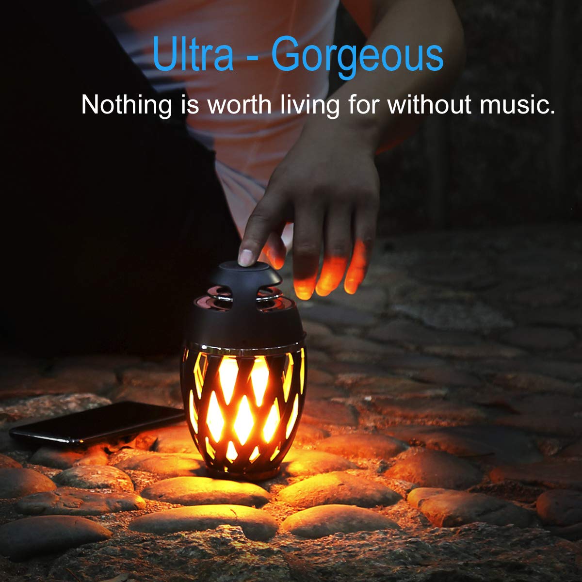 DiKaou LED Flame Outdoor Table Lamp with Bluetooth Speaker, Rechargeable Black Lantern for Patio, Porch, Home Decor