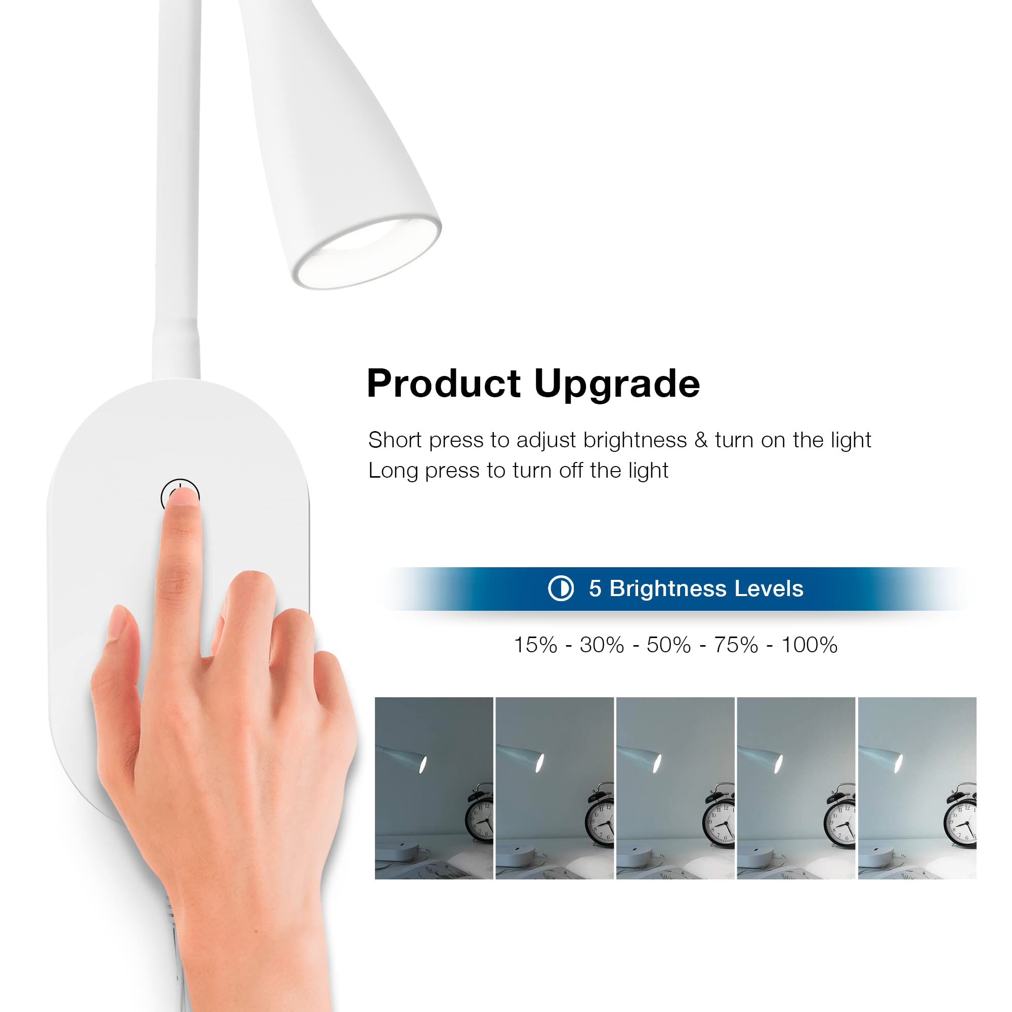 Wall Mounted Reading Light Set Of 2, Dimmable Touch Control Usb Output Led Flexible Gooseneck 4000K Bed Lights, Easy To Install
