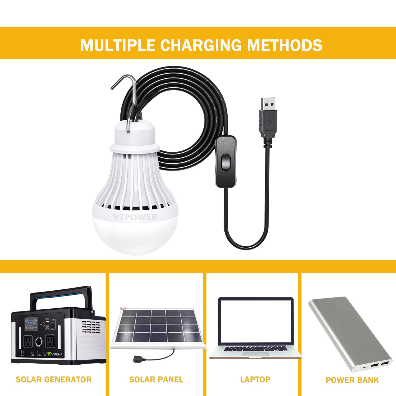 Vtpower Usb Led Light Bulb Camping Latern Outdoor Light With Simple Switch, Portable Led Bulb 5V 5W For Garage Warehouse Car Truck Fishing Boat Outdoor Emergency Light White Lamp 2.5M/8.2Ft…