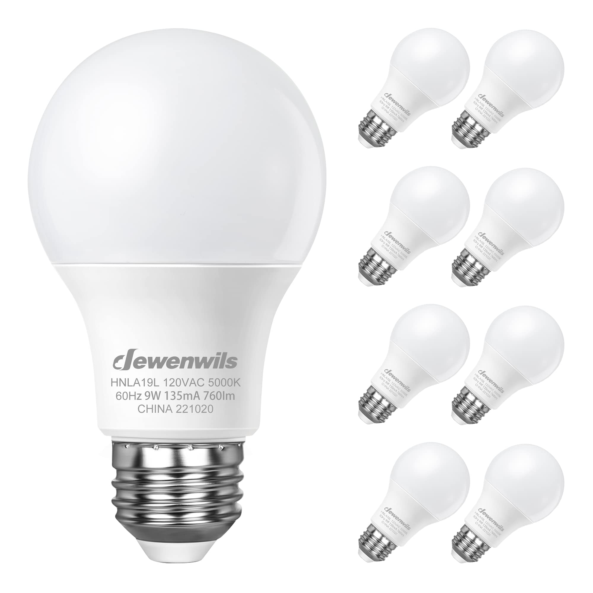 Dewenwils 8-Pack A19 Led Light Bulb, 760Lm, 5000K Daylight Led Light Bulbs, 9 Watt(60 Watt Equivalent), E26 Medium Screw Base, N