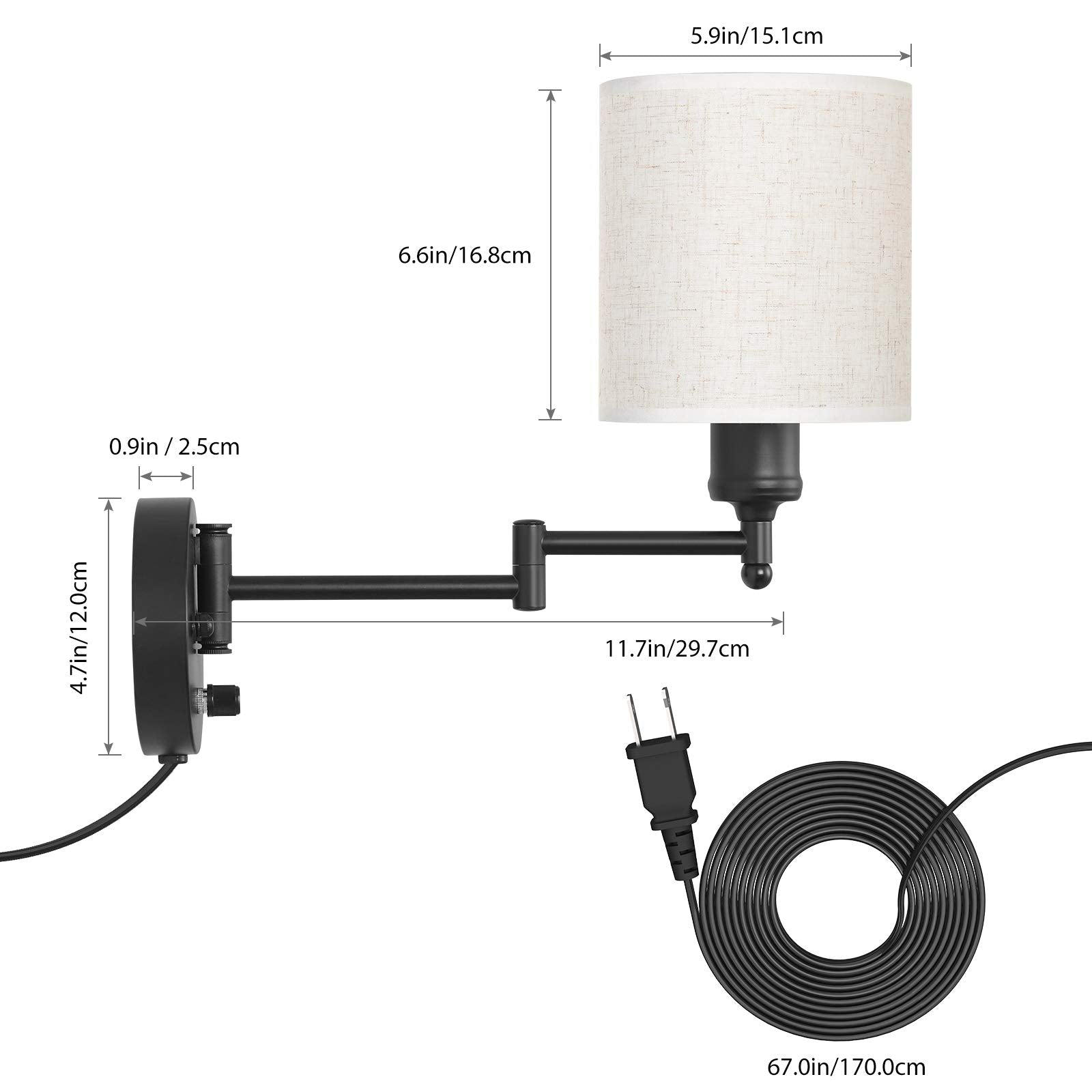 CADUKE Swing Arm Wall Light Set of 2, Modern Metal & Linen Sconces, Linen Shade, Model LR-RTH84, Ideal for Bedroom & Living Room