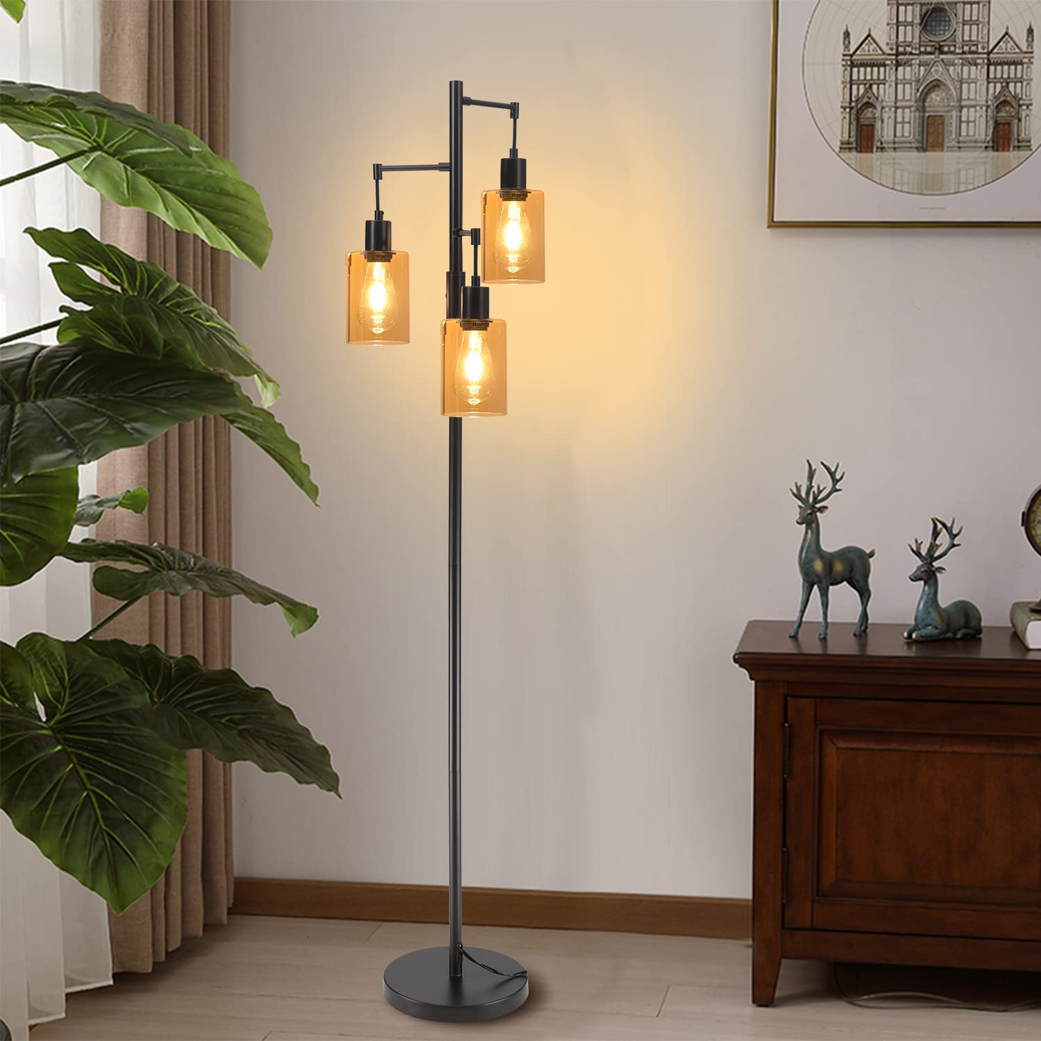Liylan Farmhouse Floor Lamp - Dimmable Tall Oil-Rubbed Bronze Tree Lamp with 3 Lights and Amber Glass Shade, Model MF20056ORB