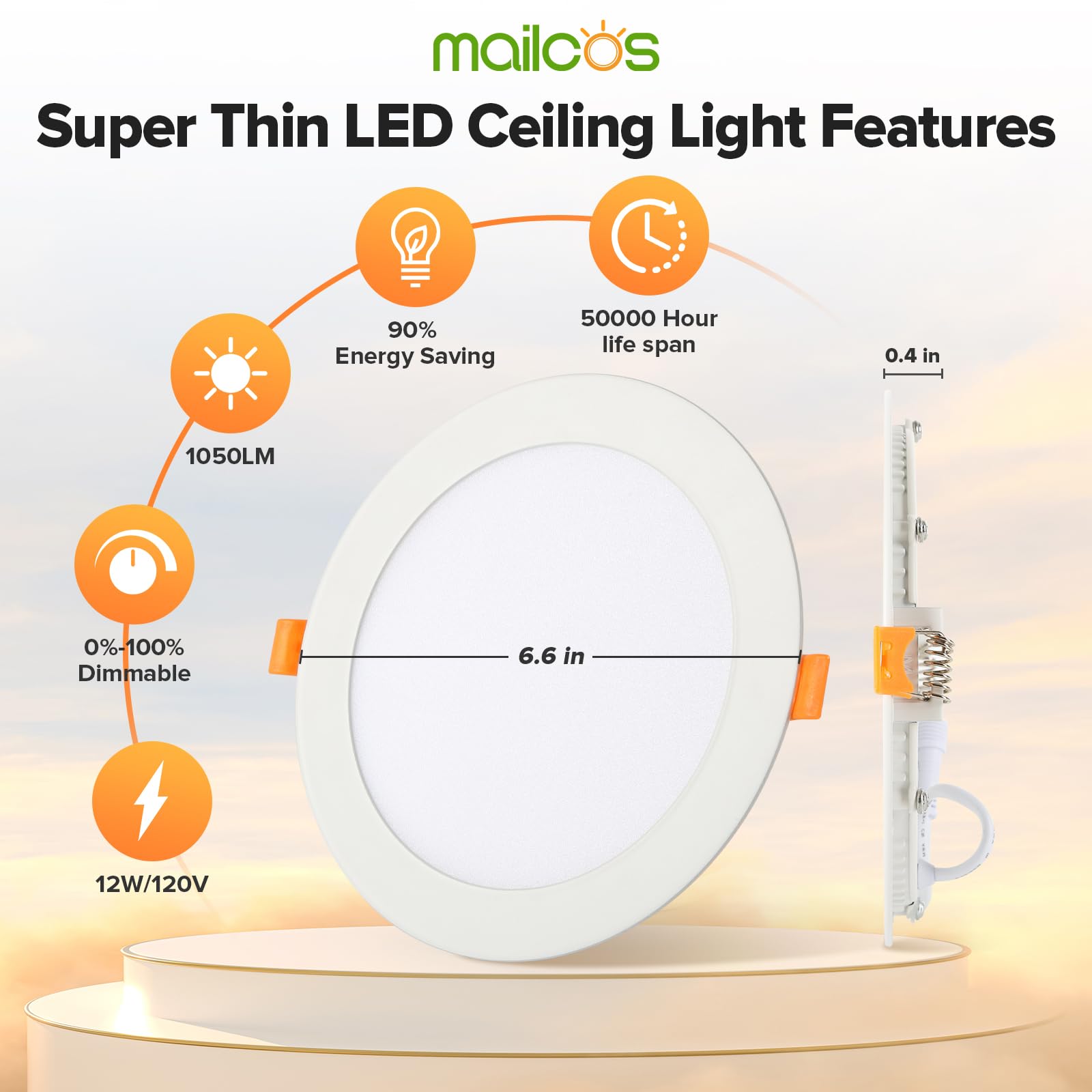 Mailcos 12 Pack 6 Inch 5Cct Ultra-Thin Led Recessed Ceiling Light With Junction Box, 2700K-5000K Selectable, 1050Lm High Brightness, 0%-100% Dimmable Canless Wafer Downlight, 12W 120V, Etl
