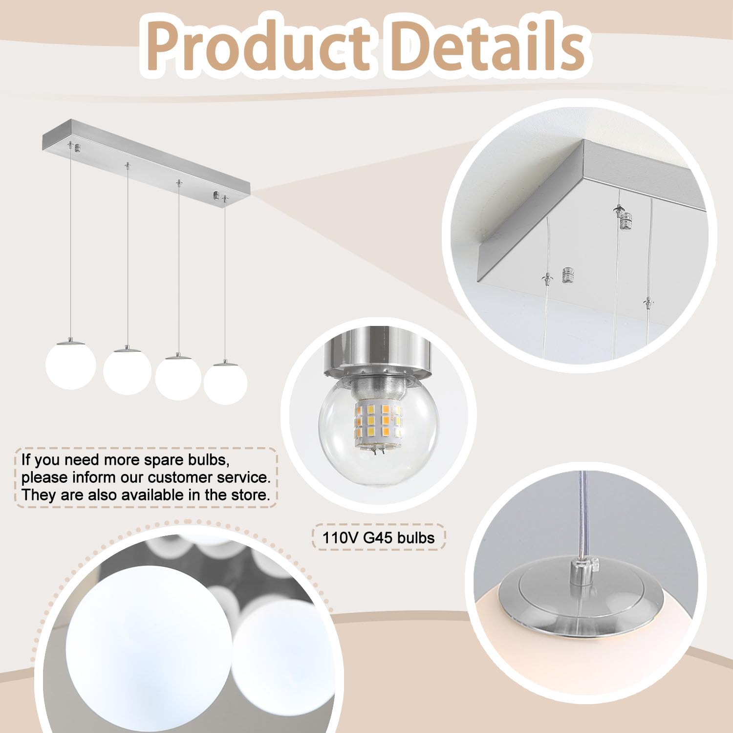 ykolupty Modern Kitchen Island Lighting - 4-Light Glass Globe Pendant Chandelier for Dining Room, Silver, Model TP3016-RB-4Y-CT