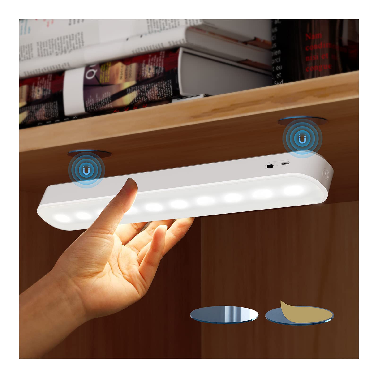 AKSDA LED Closet Light, Dimmable Wireless Under Cabinet Light Bar, Short Size, Rechargeable Battery, White, Model N106