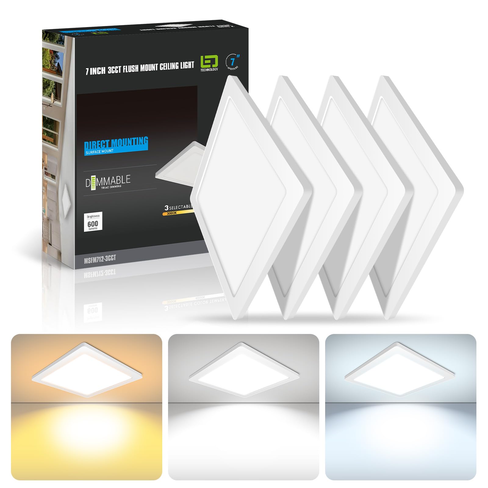 Mw 4 Pack 7 Inch Square Led Flush Mount Ceiling Light, Slim Led Ceiling Lights, Dimmable 12W, 120V, 3000K/4000K/5000K Adjustable