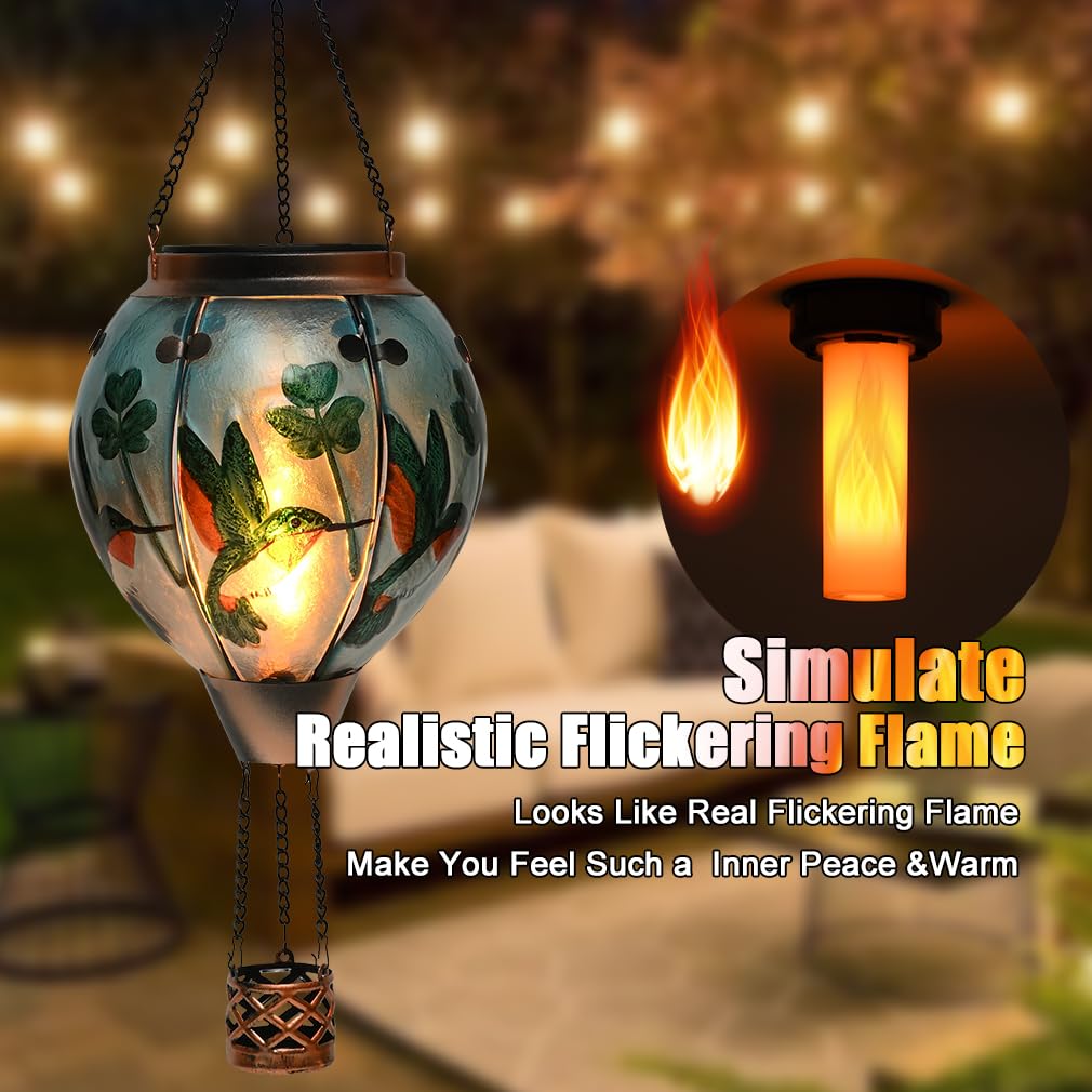 Hot Air Balloon Solar Lantern - Hummingbird Glass Lantern  Simulated Flickering & Dancing Flame  Outdoor Hanging Shamrock Yard Light Waterproof Ip65 For Patio Lawn Porch Decor Irish Gift