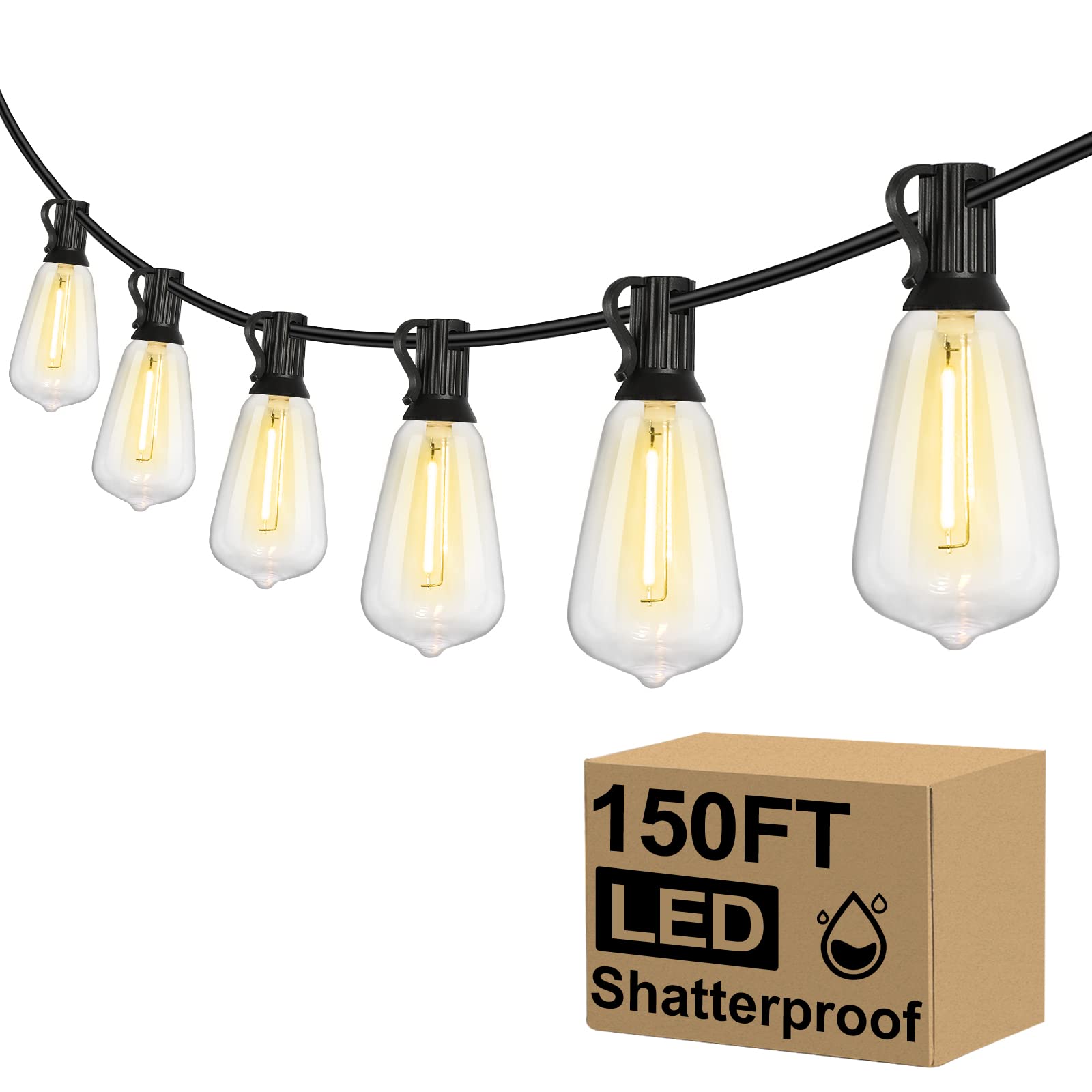 Brightever Outdoor String Lights 150Ft, Patio Lights With 75+2 Dimmable St38 Shatterproof Led Bulbs, Vintage Edison String Light