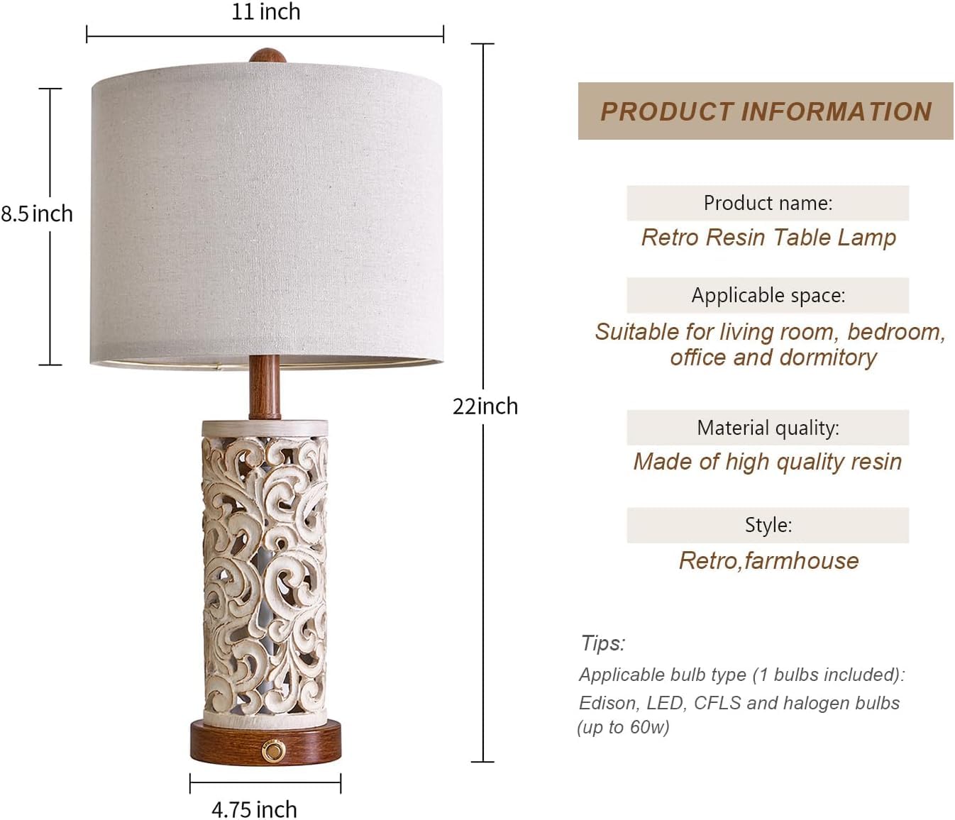OYEARS 22'' 3-Way Dimmable Touch Control Table Lamp with Nightlight - Brown, USB A+C, Model AMZ-T1072BR-TU-1