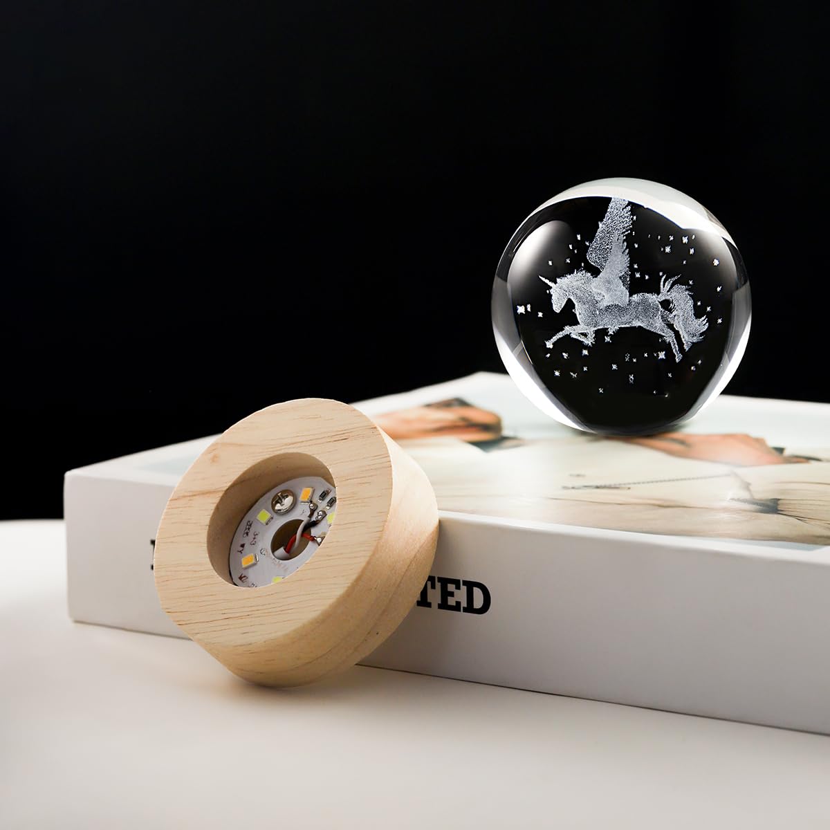 Hochance 3D Pegasus Crystal Ball Lamp With Adjustable Brightness Led Wooden Base Night Light For Kids Teens mature-themeds Birthday Gift Home Desk Office Bedroom Decor (6Cm / 2.4 )