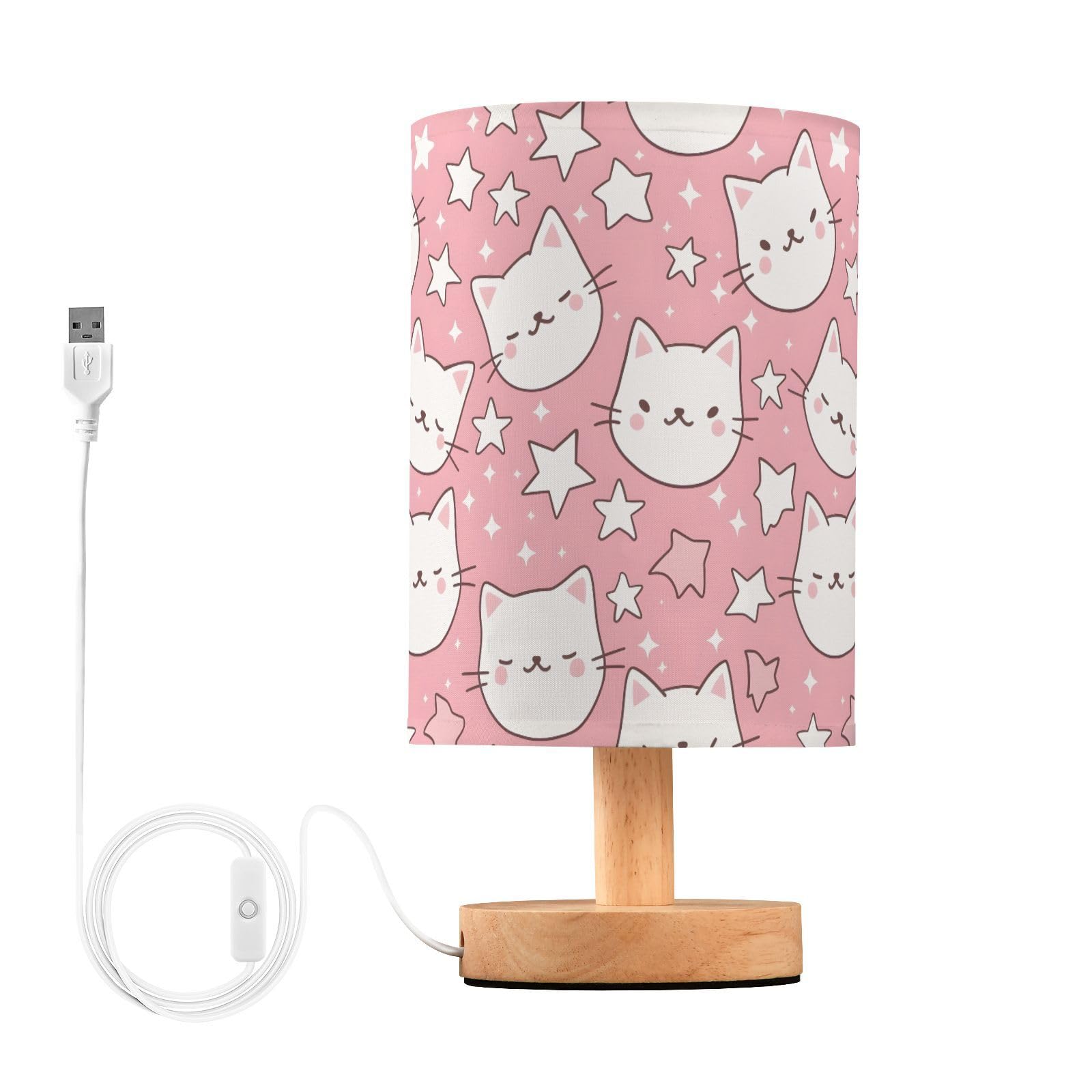 Bedside Table Lamp Cat Star Pink Table Lamp for Bedroom Nightstand Lamp with USB Port LED Desk Lamp Shade Living Room Dorm Offic