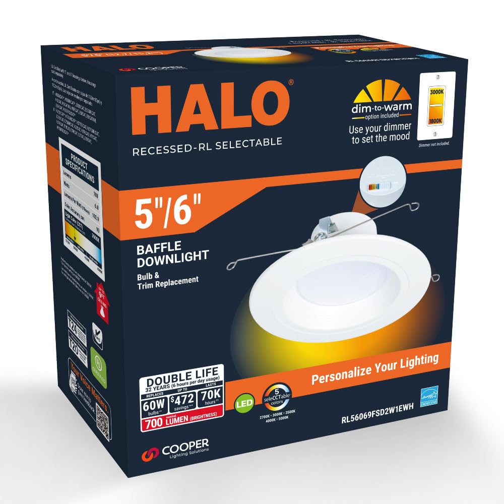 Halo Rl Series 5/6 Inch Recessed Led Retrofit Light, Selectable Cct (2700K-5000K) Integrated Led, Dim To Warm, White Retrofit Ba